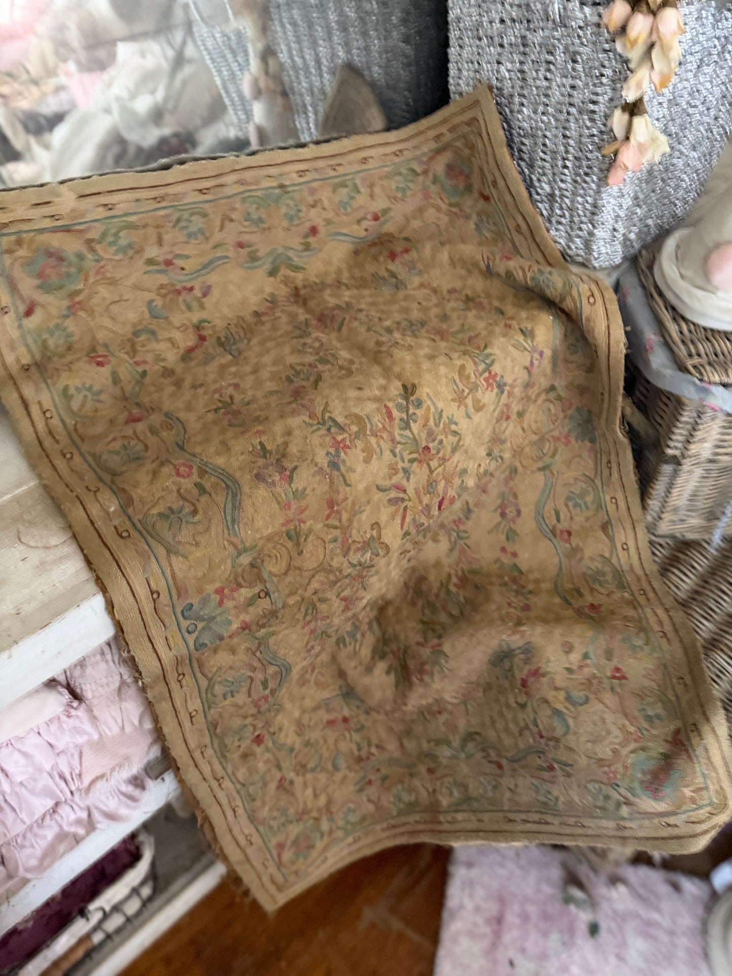 Antique Shabby Pastel Embroidered Floral Rug