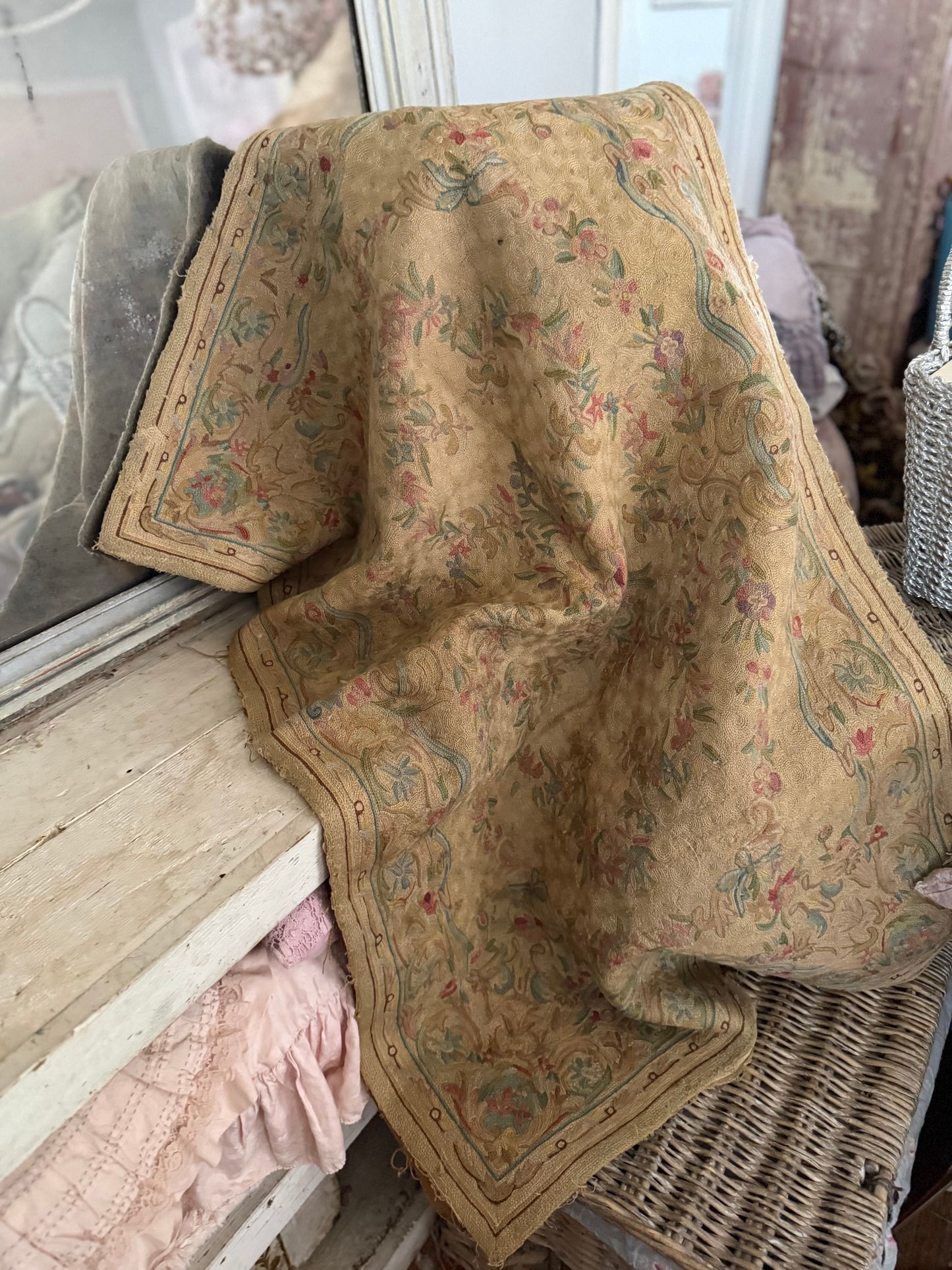 Antique Shabby Pastel Embroidered Floral Rug