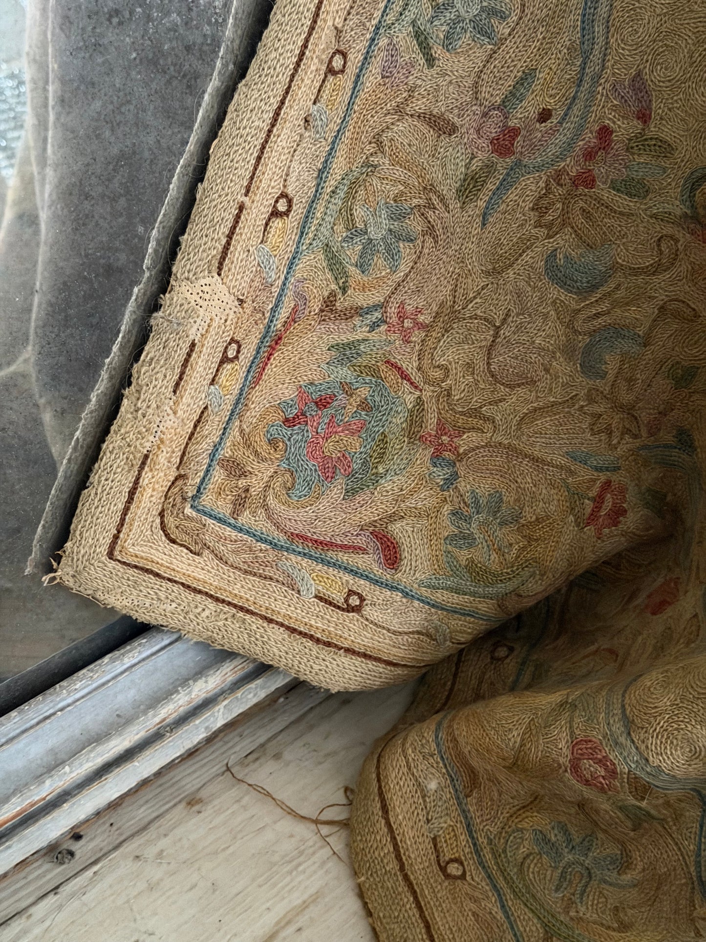 Antique Shabby Pastel Embroidered Floral Rug