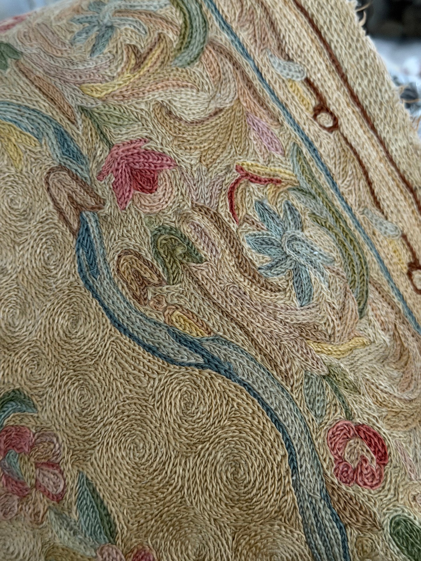 Antique Shabby Pastel Embroidered Floral Rug