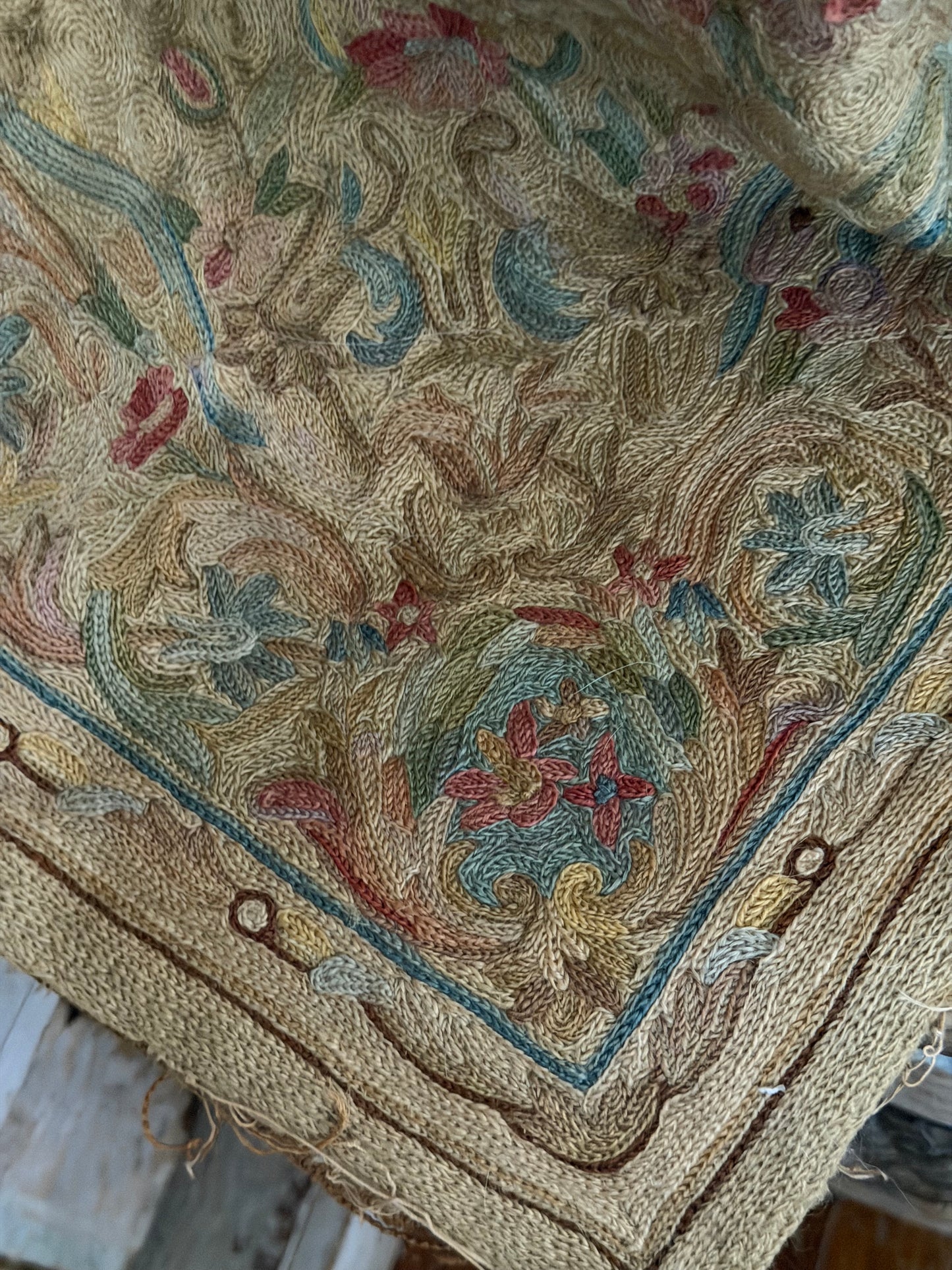Antique Shabby Pastel Embroidered Floral Rug