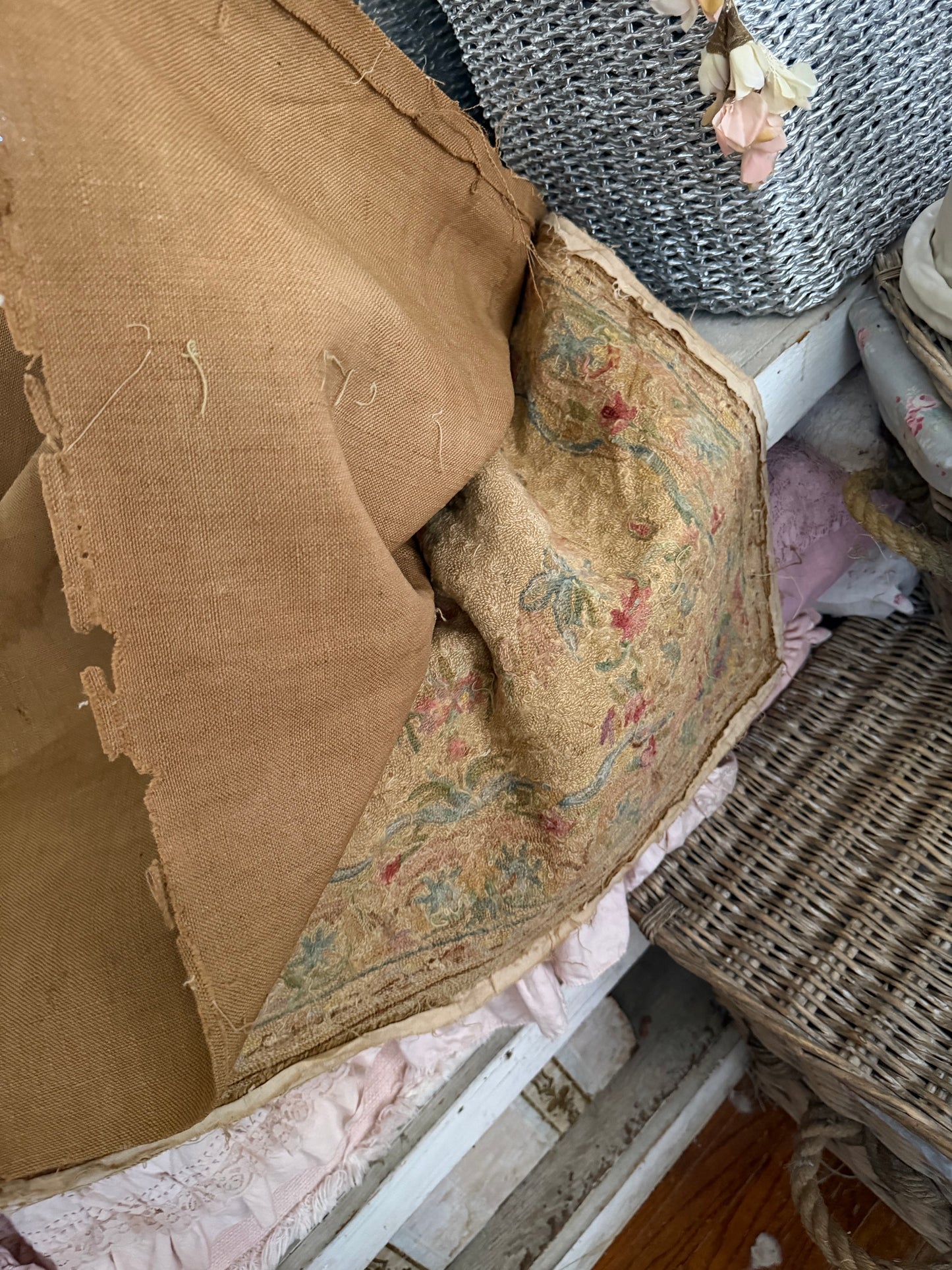Antique Shabby Pastel Embroidered Floral Rug