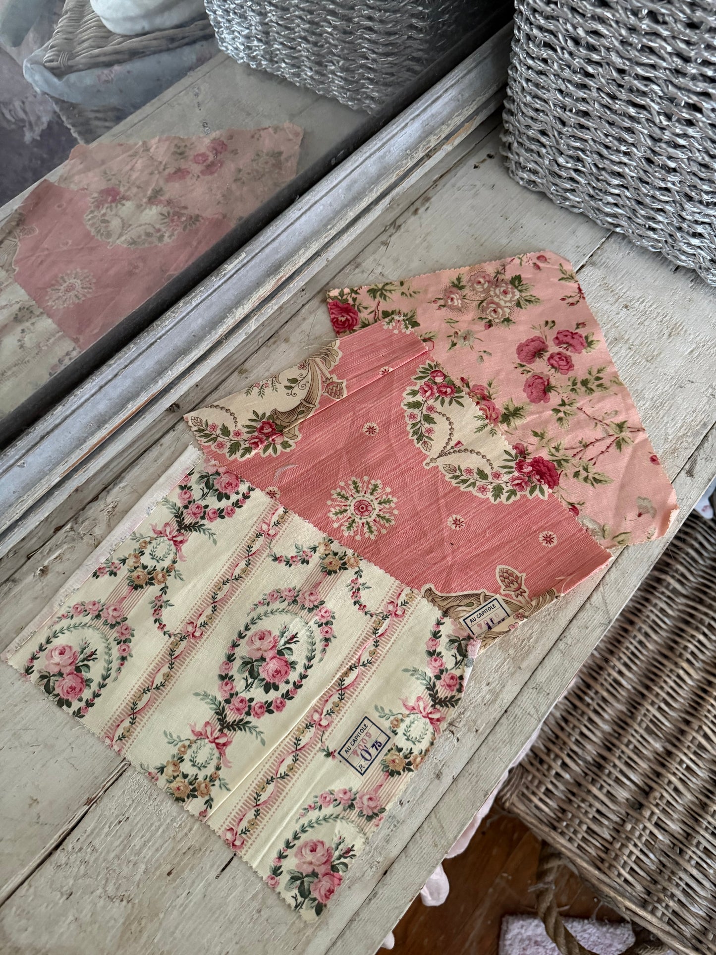 Antique French Fabric Samples Pink Floral