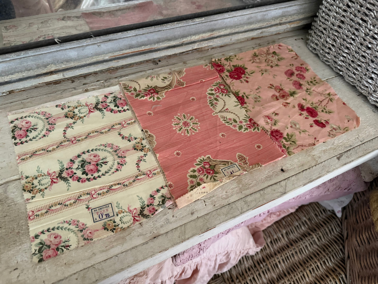 Antique French Fabric Samples Pink Floral