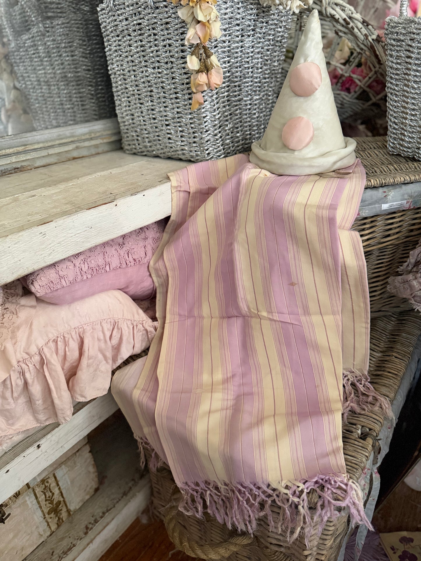 Antique Lavender White Stripe Silk Fringe Shawl