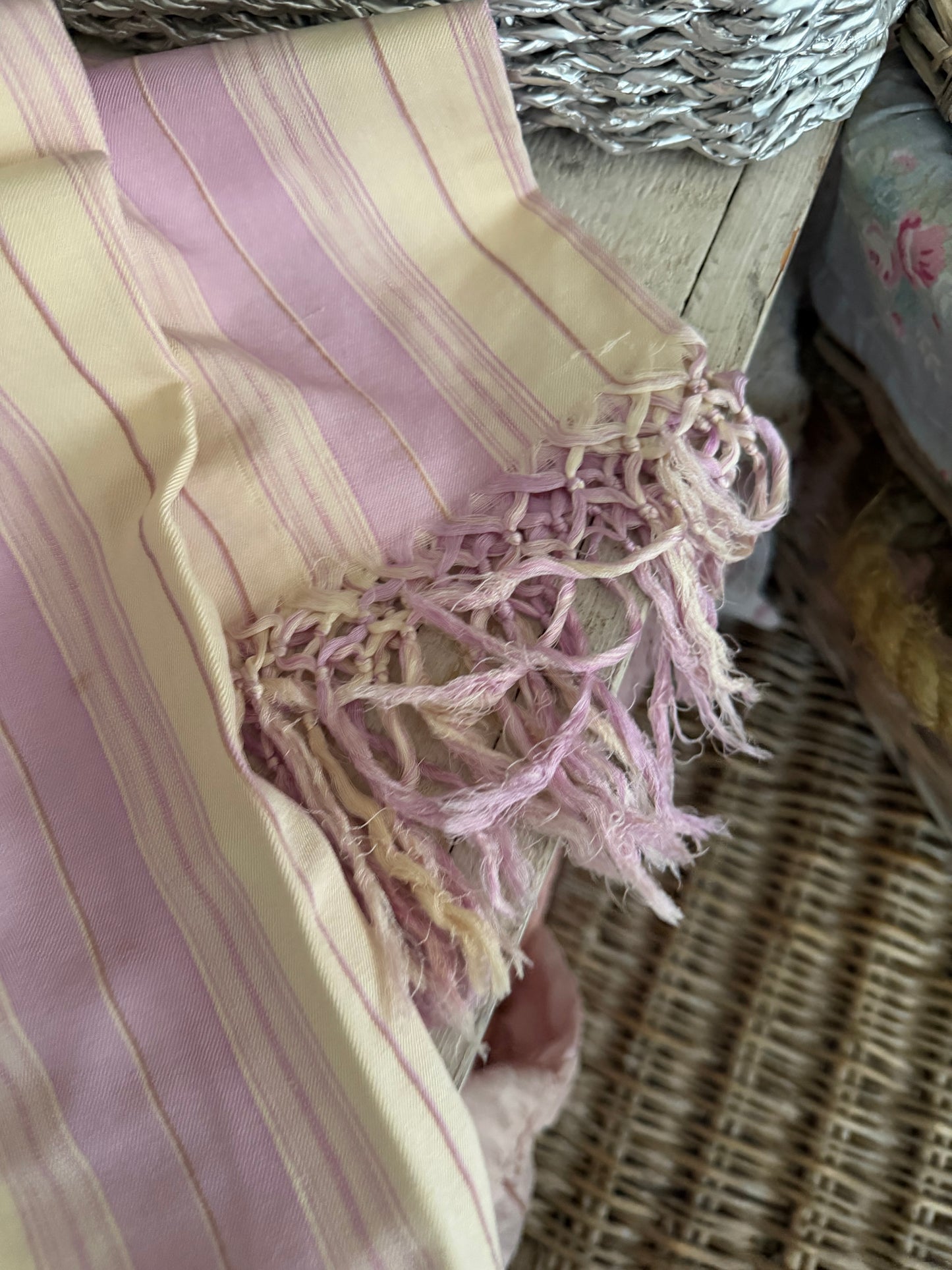 Antique Lavender White Stripe Silk Fringe Shawl