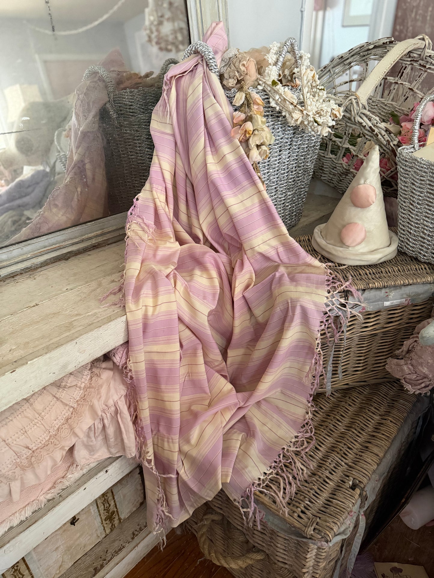 Antique Lavender White Stripe Silk Fringe Shawl