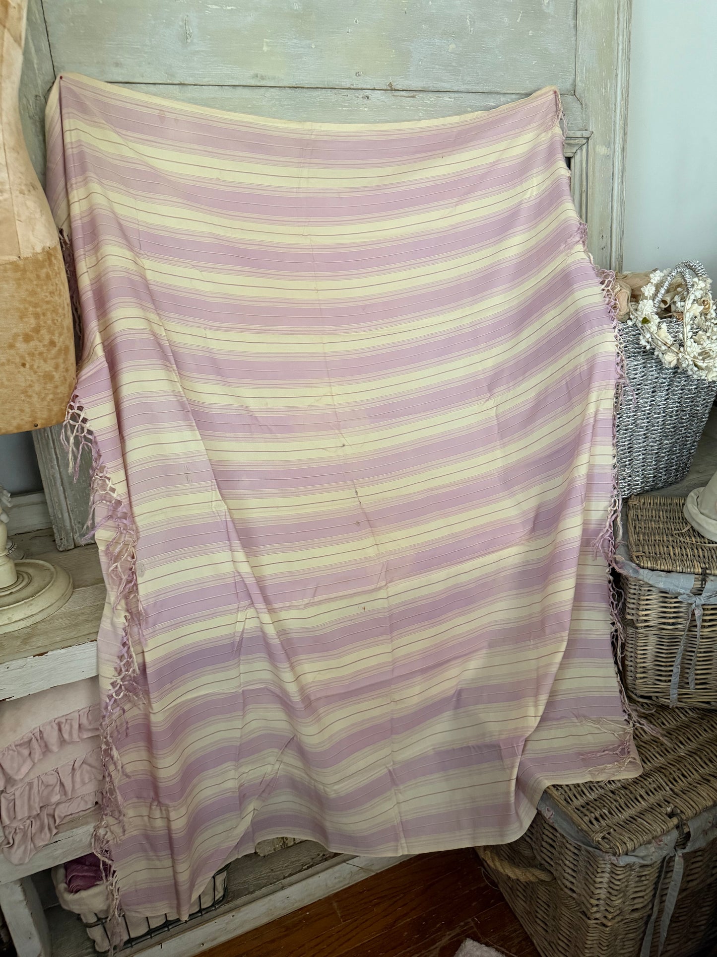 Antique Lavender White Stripe Silk Fringe Shawl