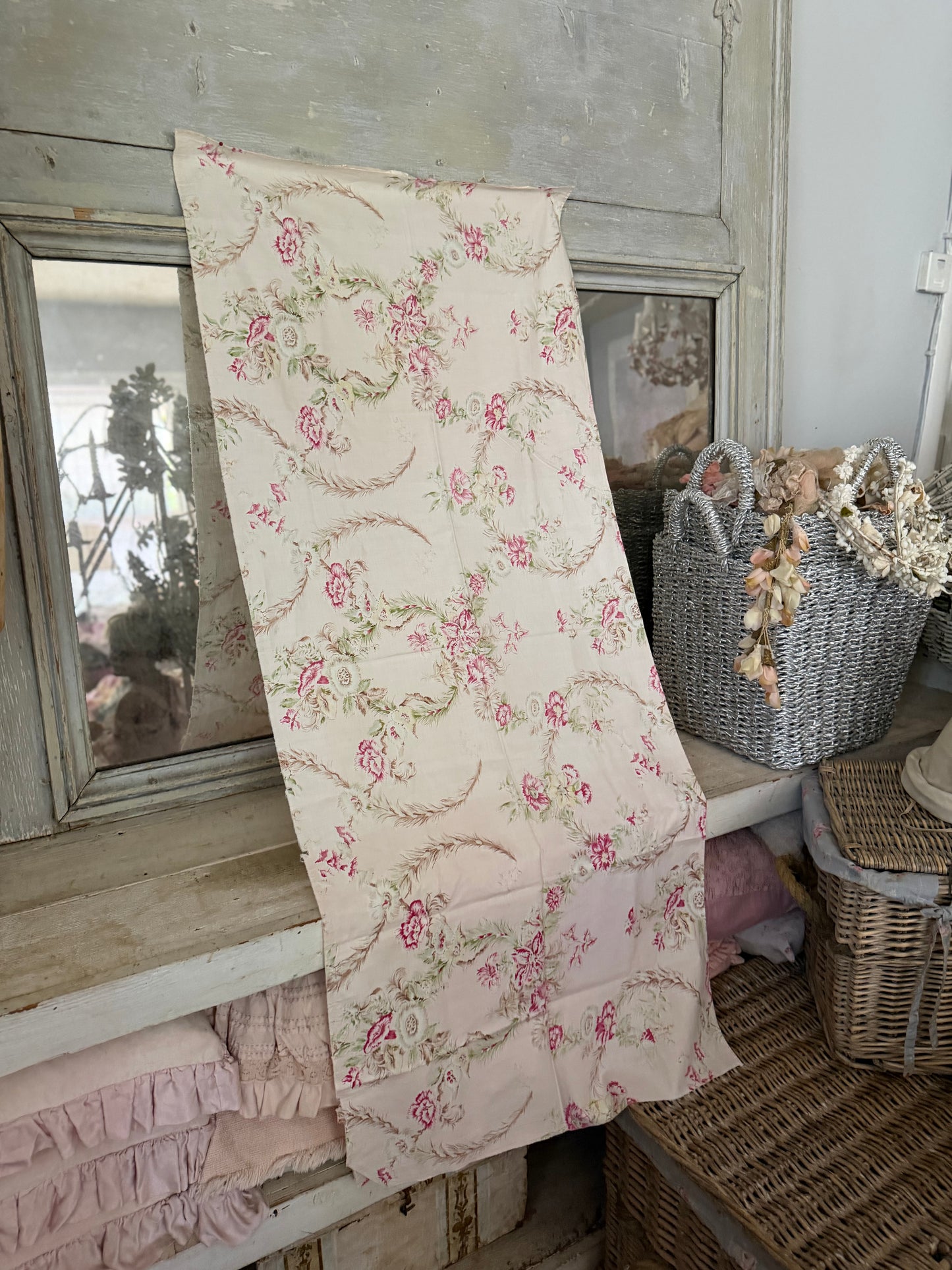 Antique French Fabric Exotic Floral & Feathers