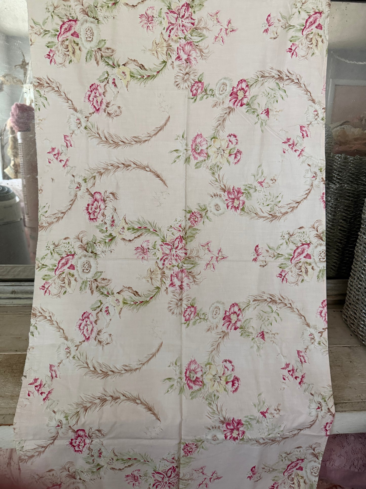 Antique French Fabric Exotic Floral & Feathers