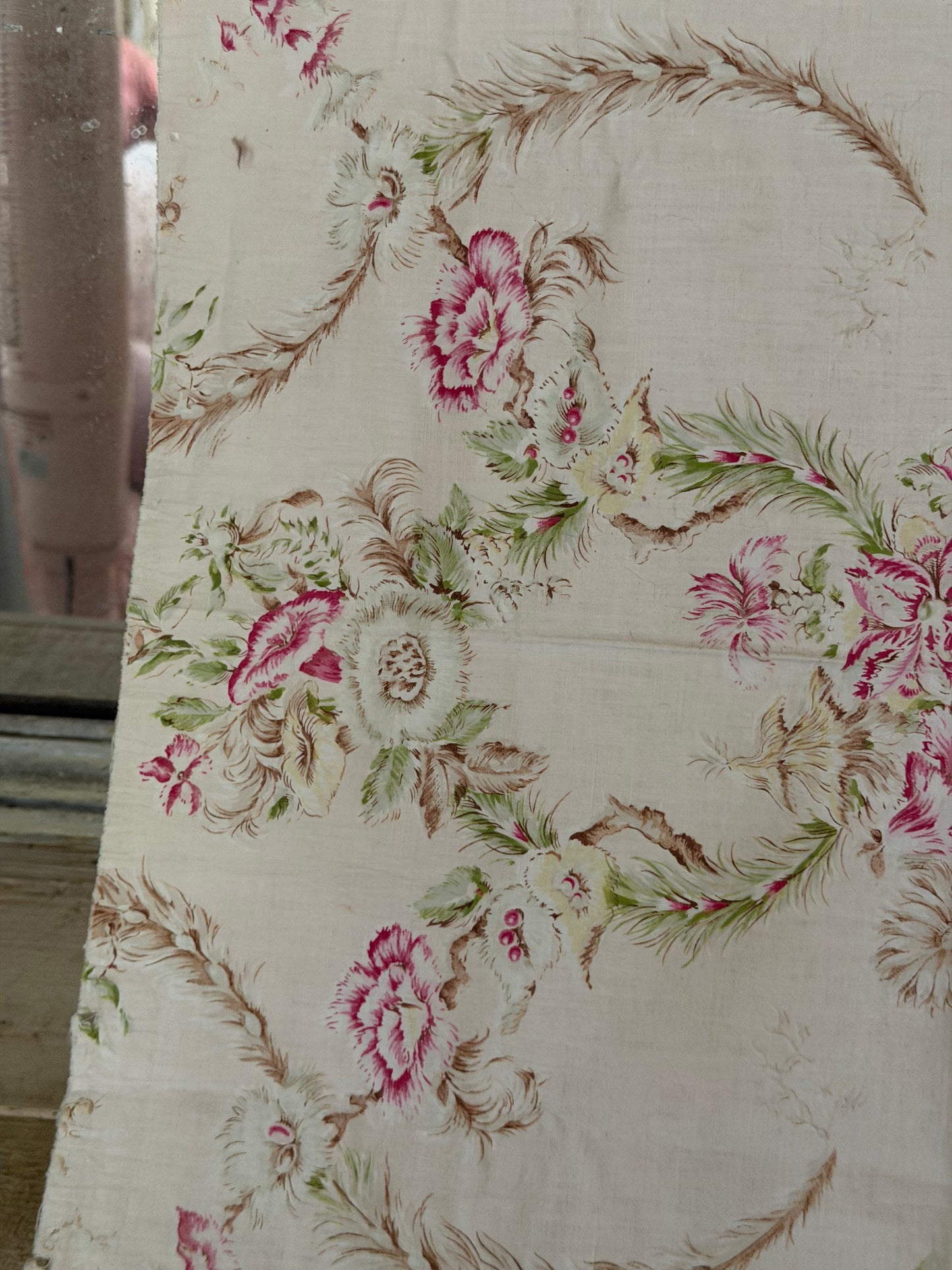 Antique French Fabric Exotic Floral & Feathers