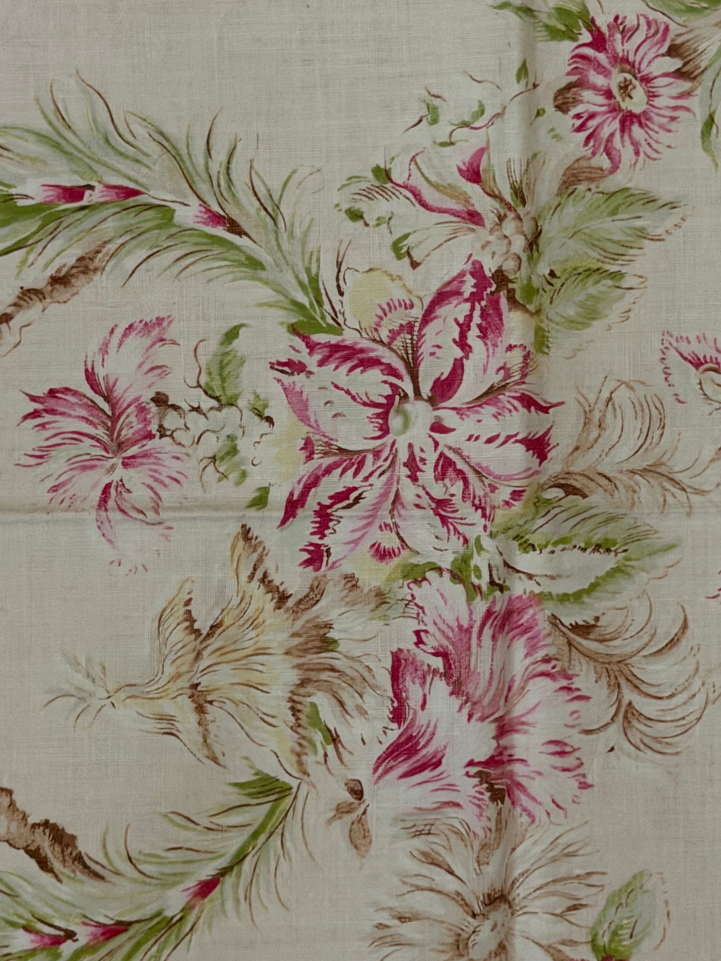 Antique French Fabric Exotic Floral & Feathers