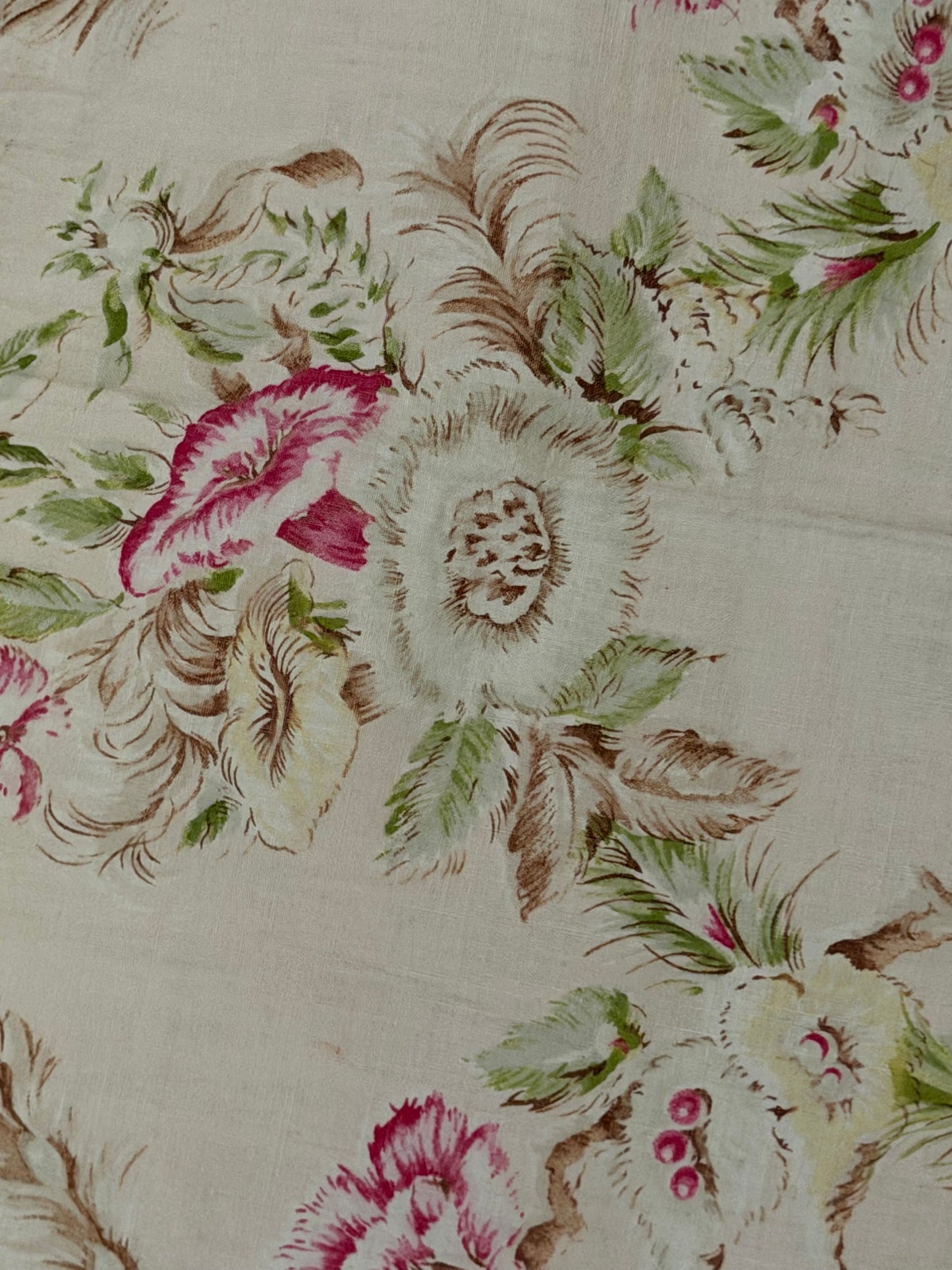 Antique French Fabric Exotic Floral & Feathers