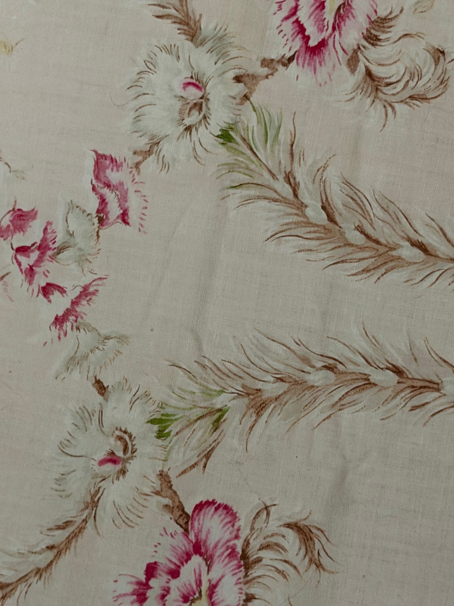 Antique French Fabric Exotic Floral & Feathers
