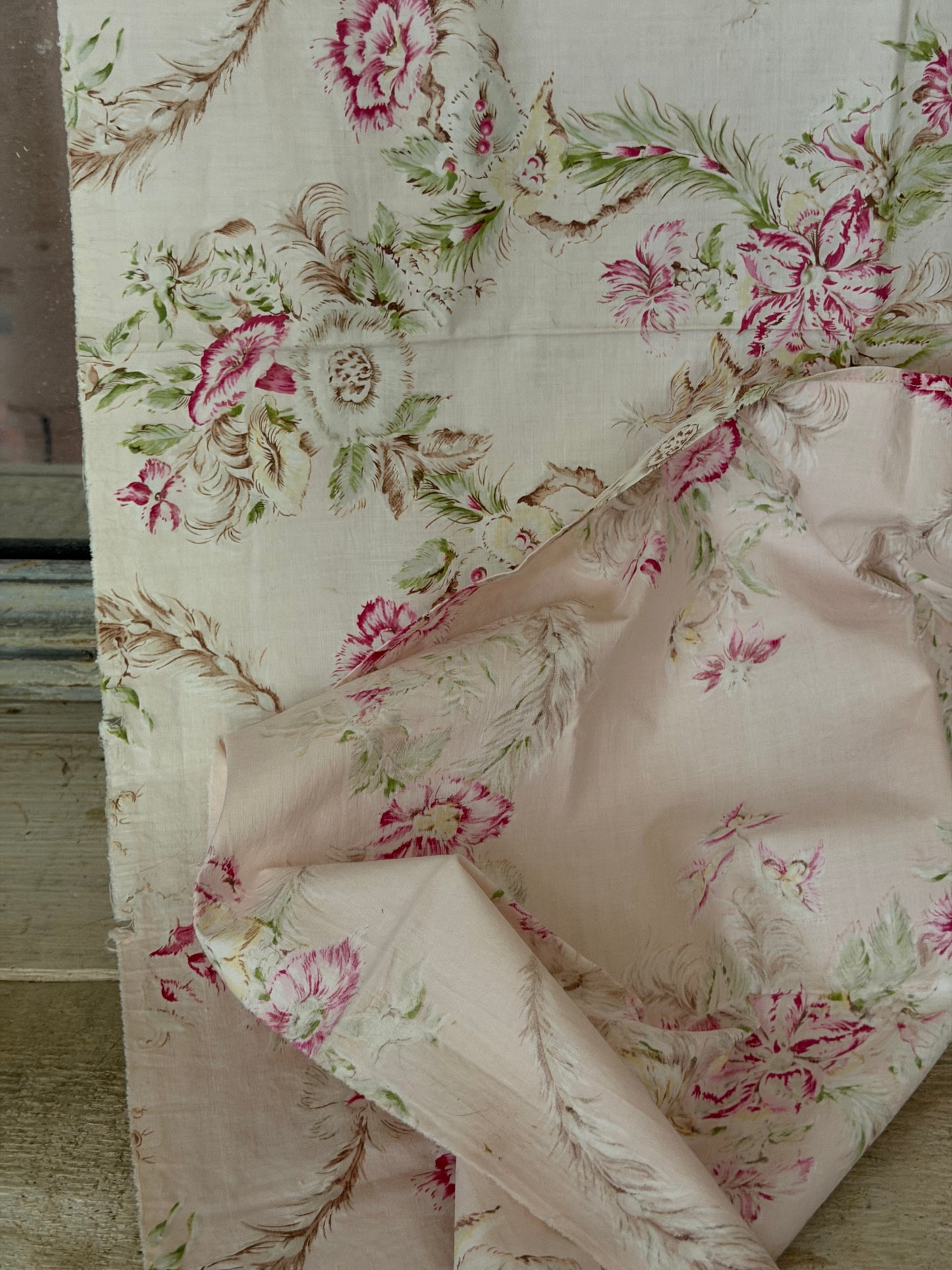 Antique French Fabric Exotic Floral & Feathers