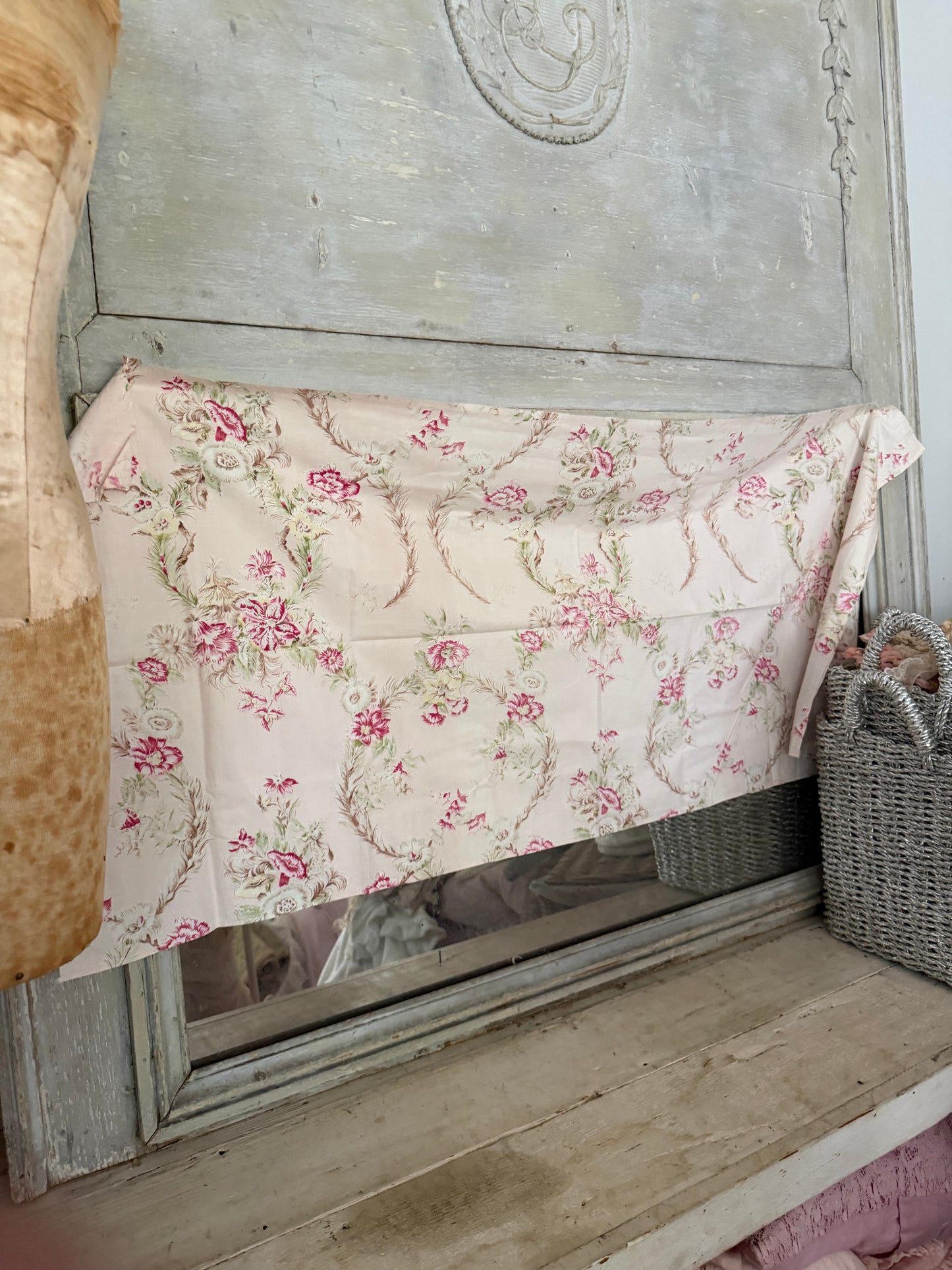 Antique French Fabric Exotic Floral & Feathers