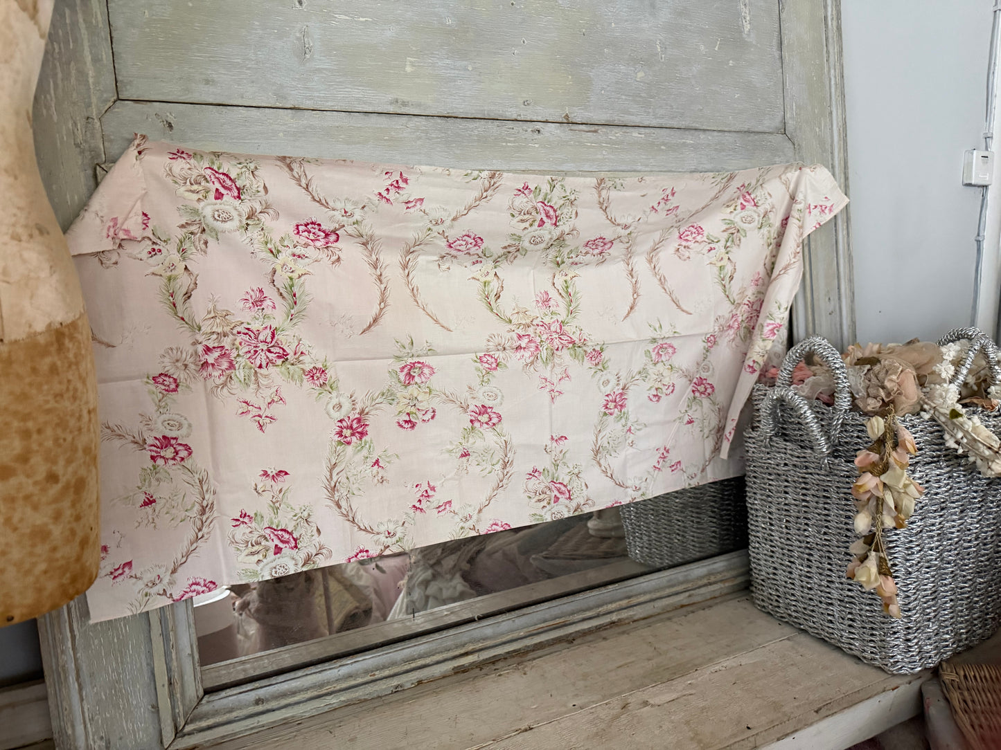 Antique French Fabric Exotic Floral & Feathers
