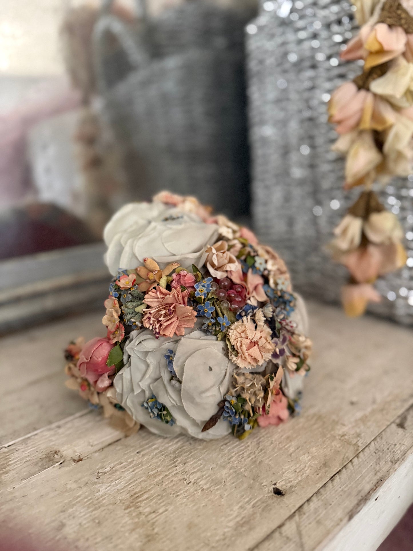 Elaborate Vintage Pastel Blue Pink Millinery Flower Hat