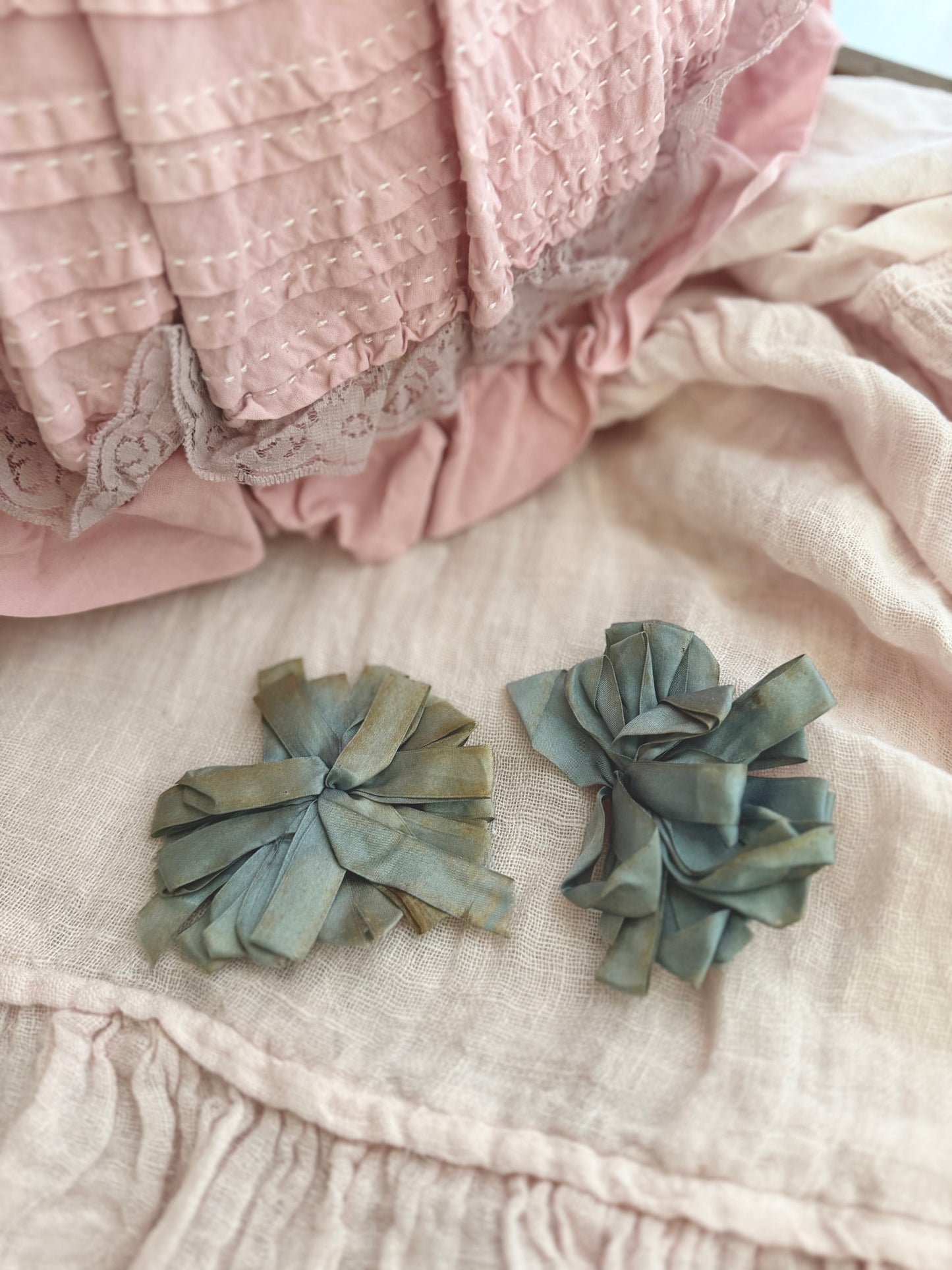 Pair Antique Dusty Blue Ribbonwork Bow Rosettes