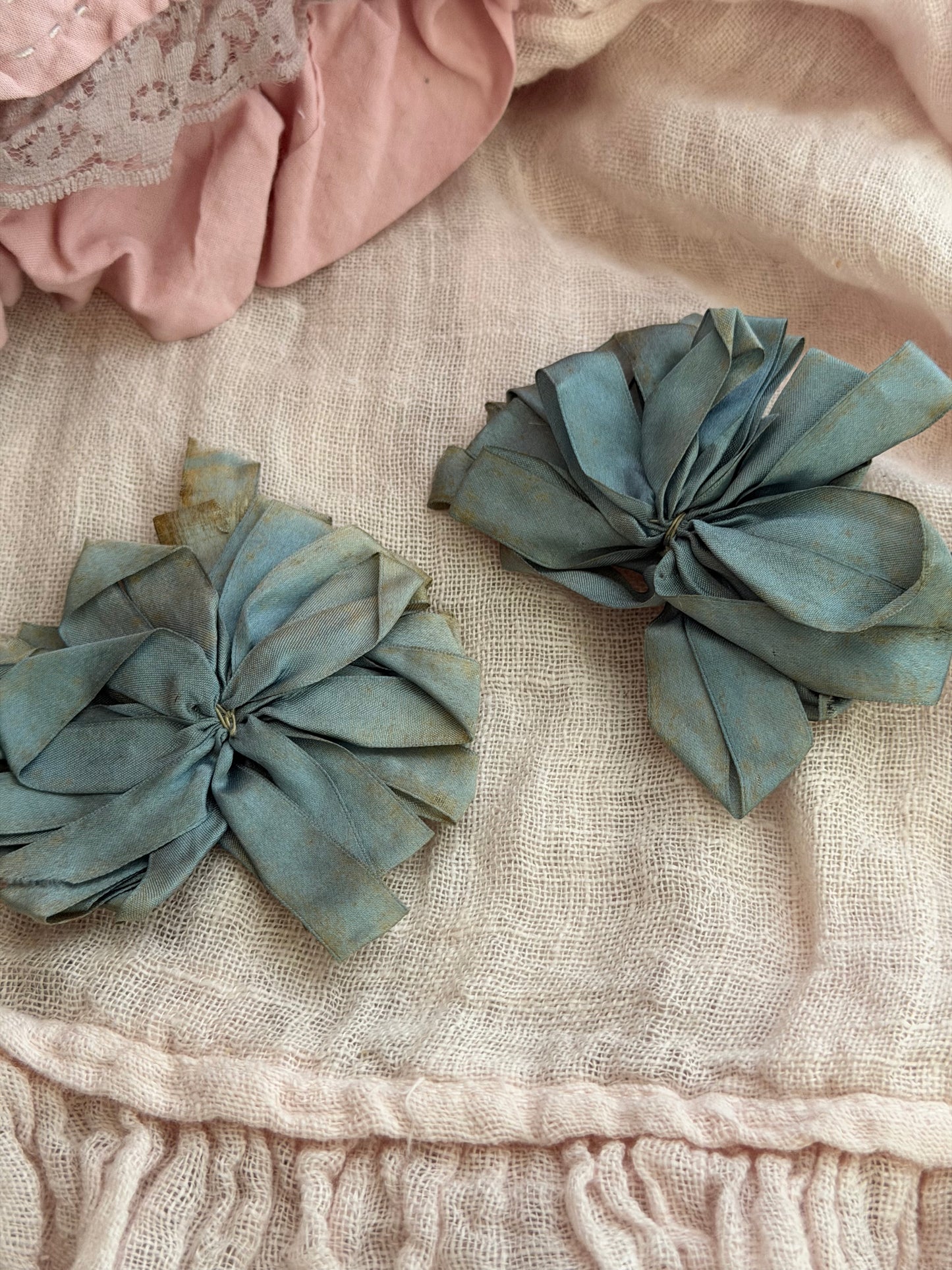 Pair Antique Dusty Blue Ribbonwork Bow Rosettes