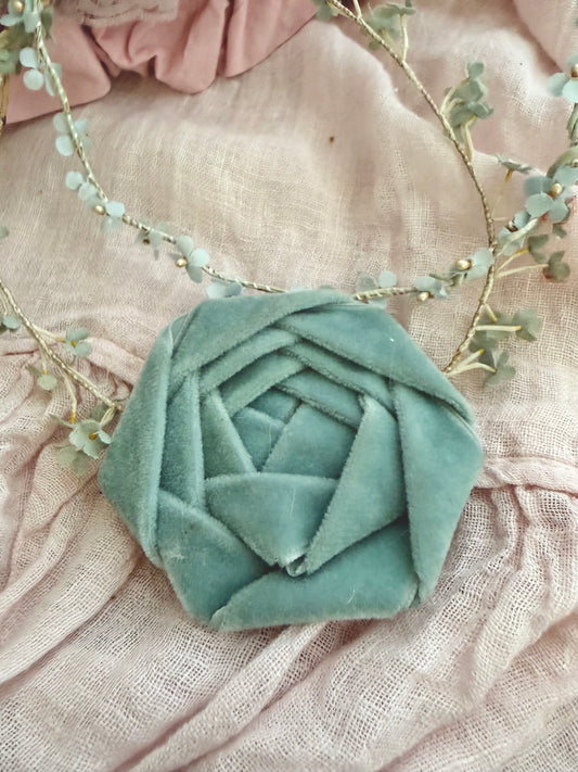 Antique Large Blue Velvet Ribbonwork Rosette