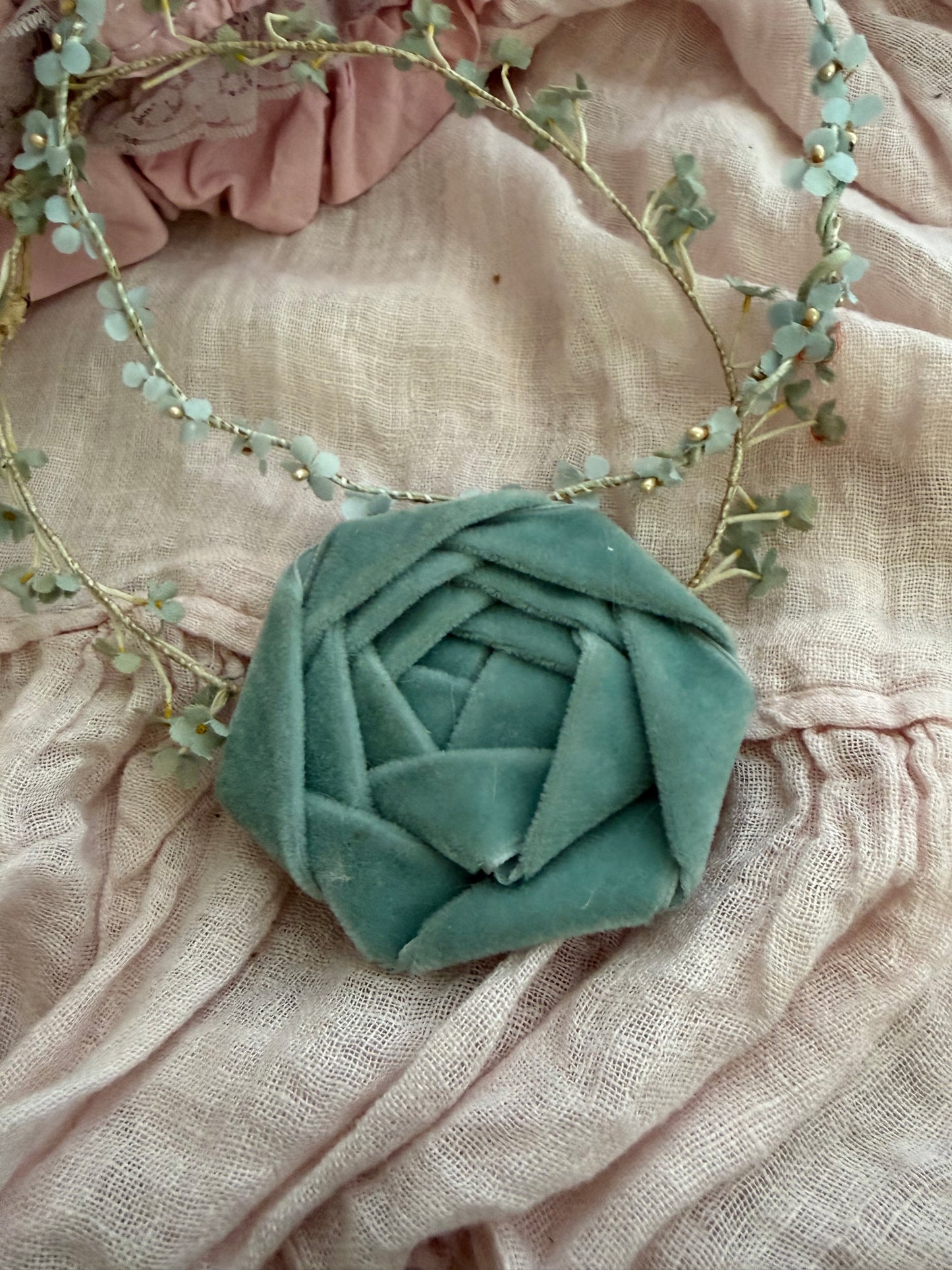 Antique Large Blue Velvet Ribbonwork Rosette