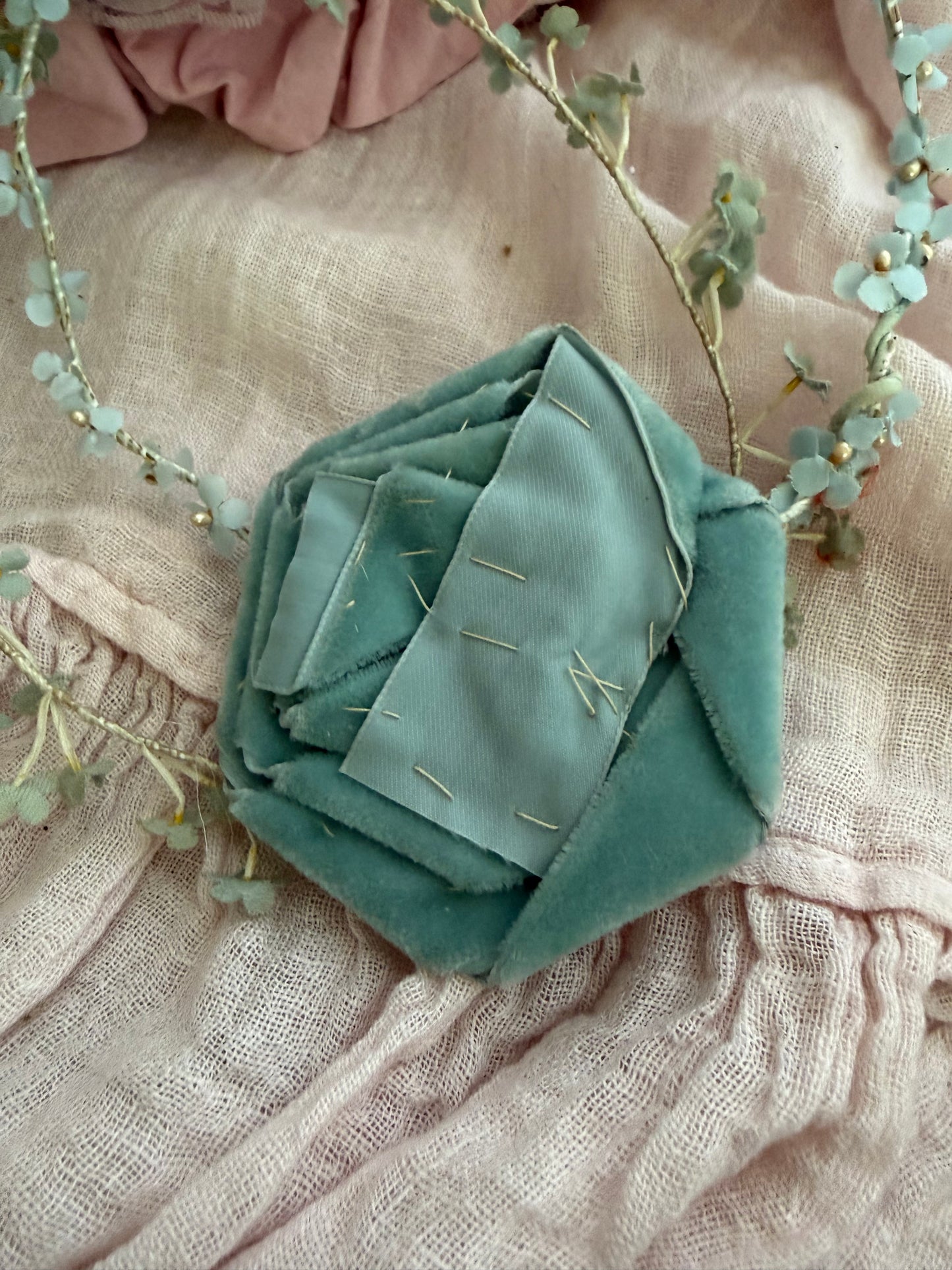 Antique Large Blue Velvet Ribbonwork Rosette