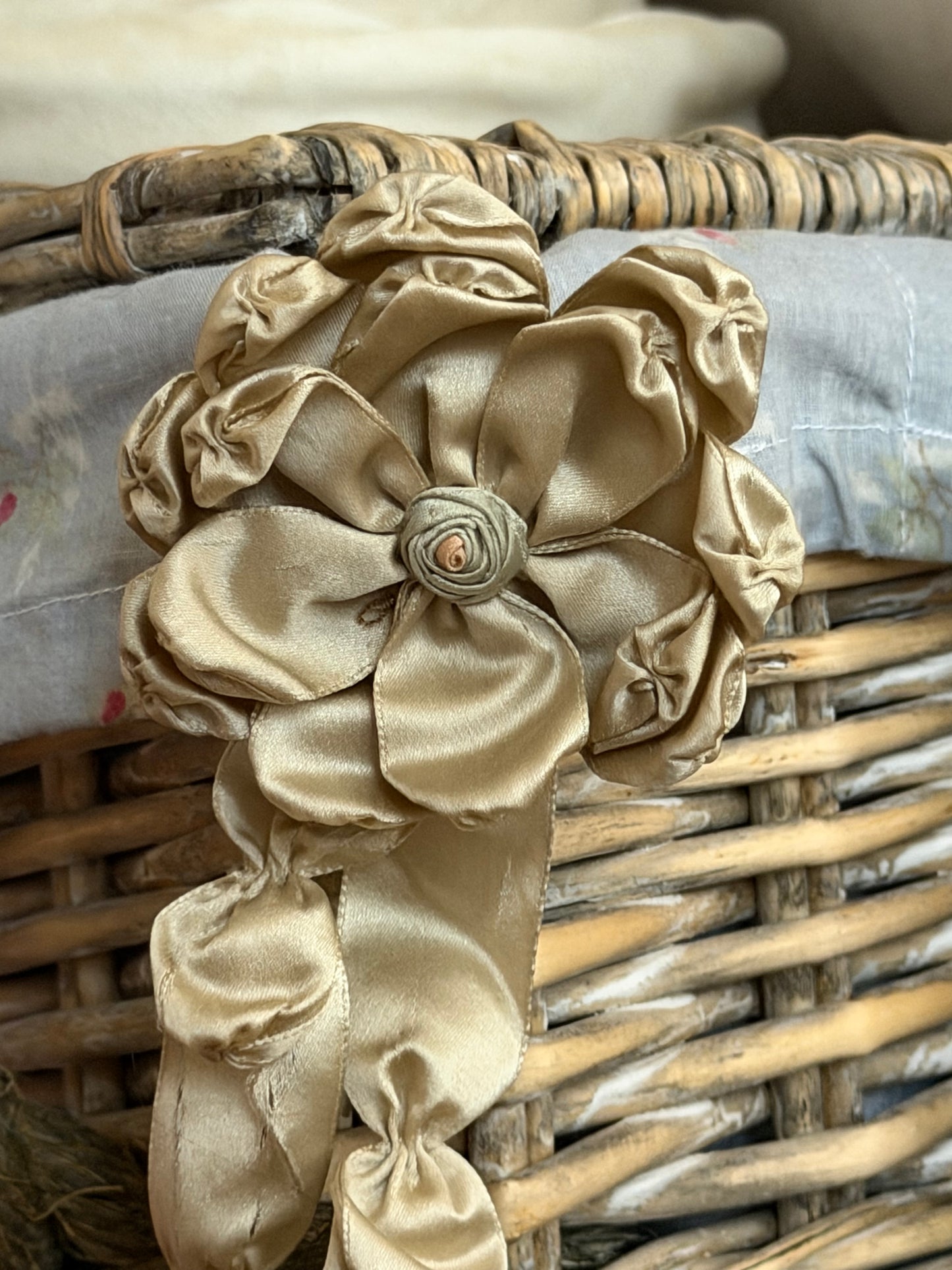 Pair Antique Dusty Green Silk Ribbonwork Bow Rosettes