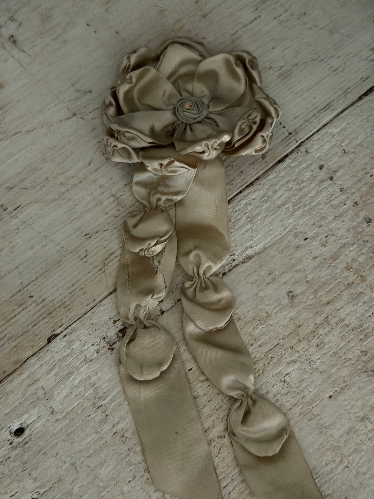 Pair Antique Dusty Green Silk Ribbonwork Bow Rosettes