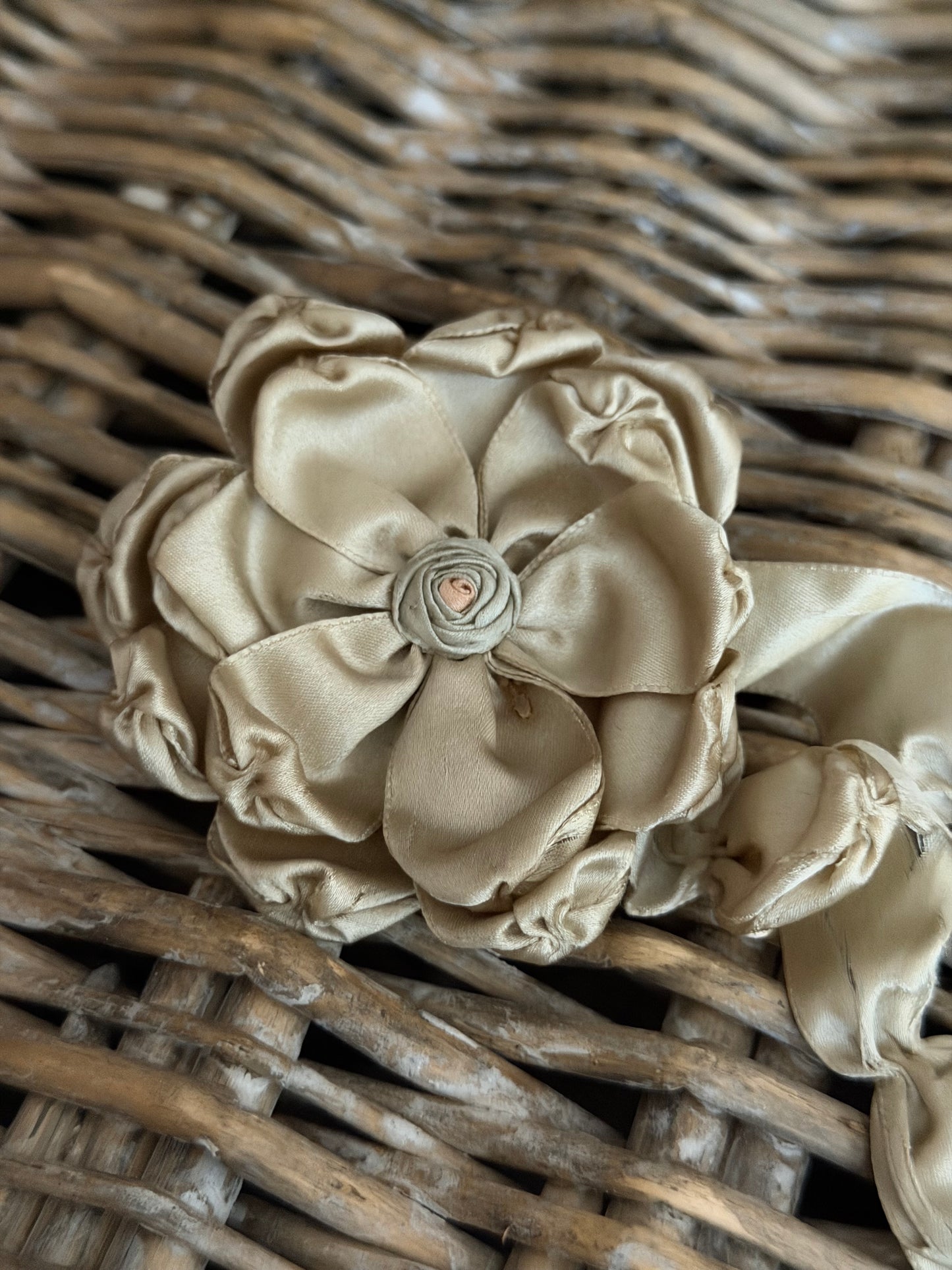 Pair Antique Dusty Green Silk Ribbonwork Bow Rosettes