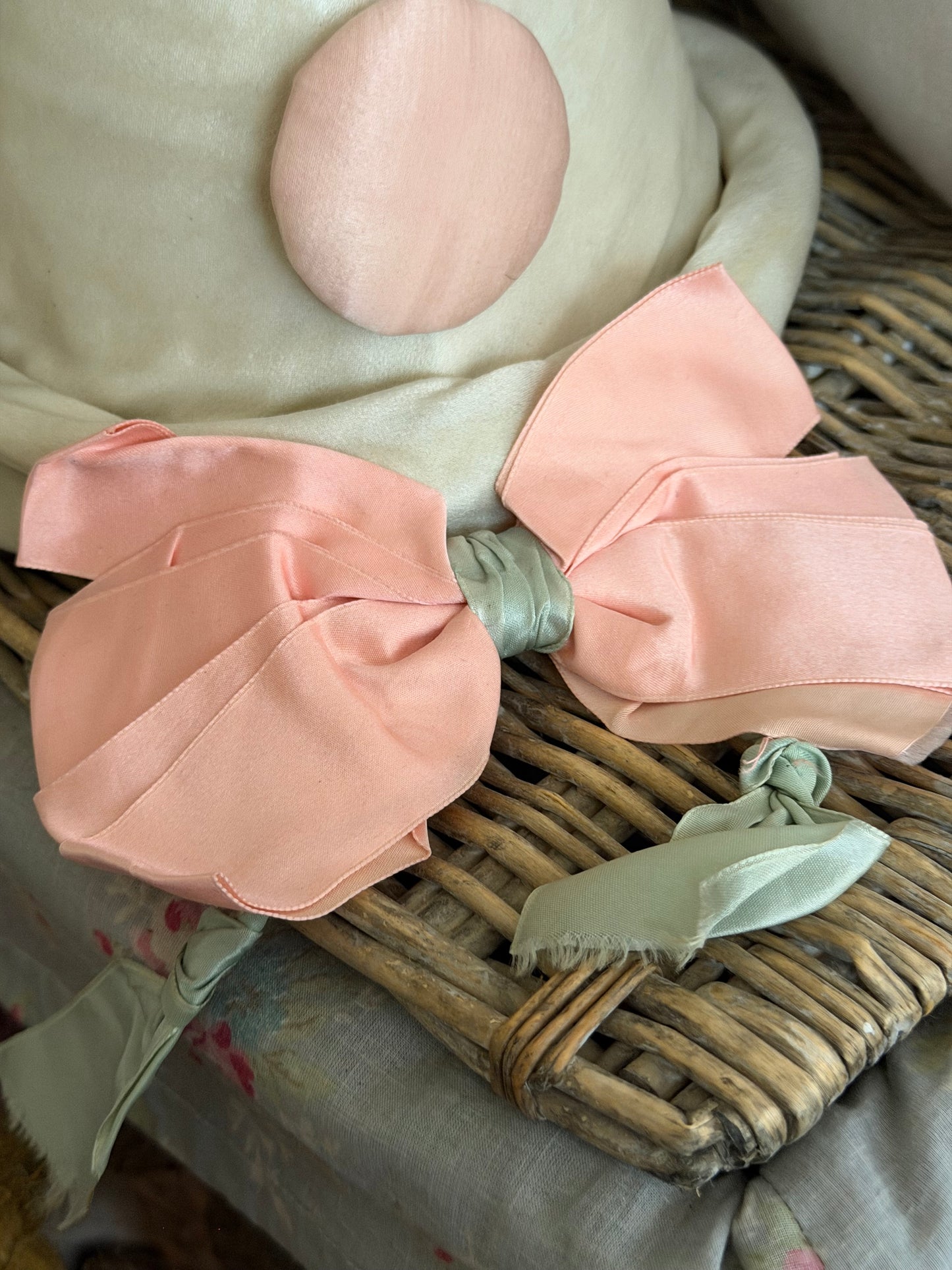 Antique Pink Blue Silk Ribbon Bow