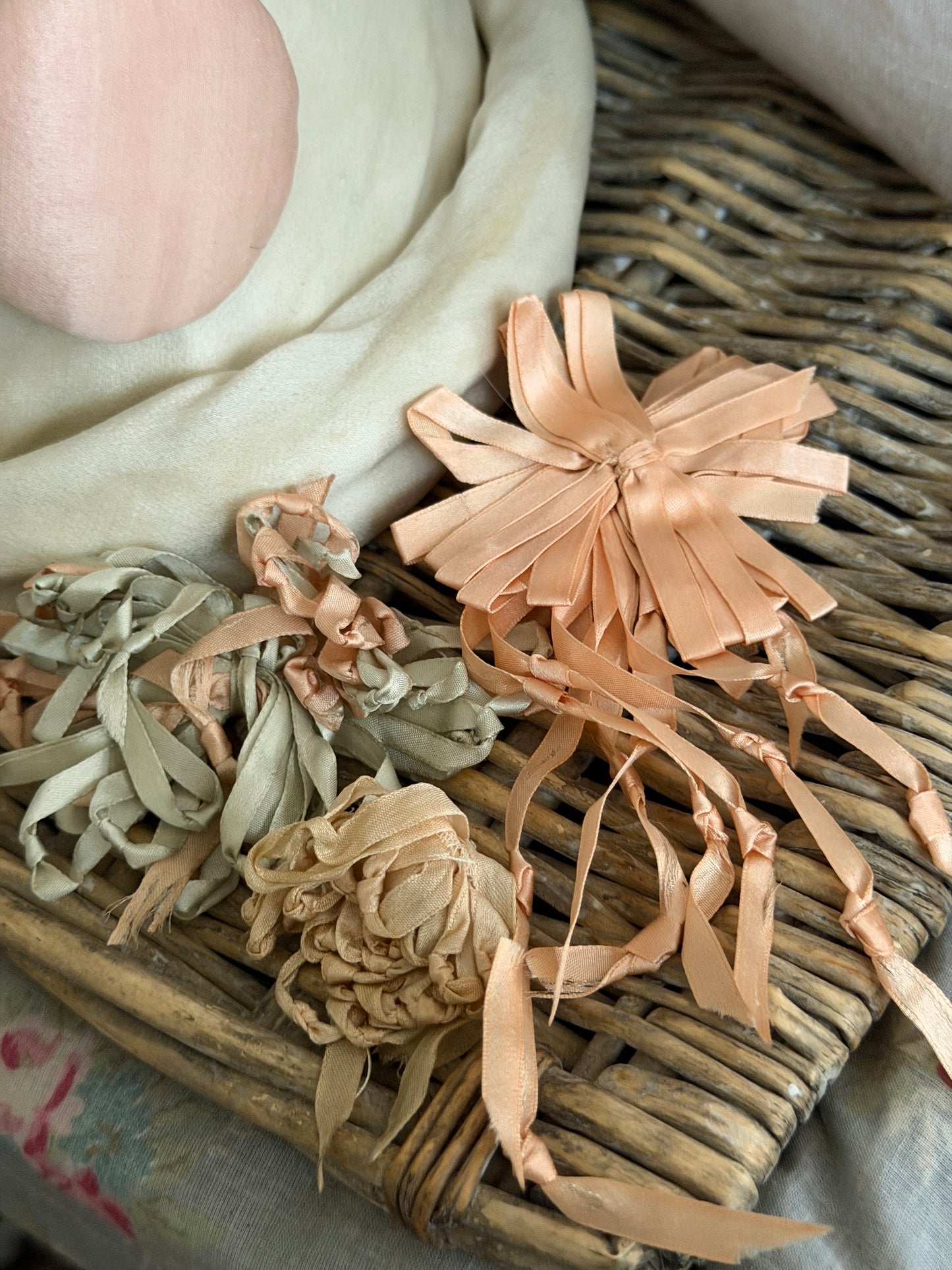 Antique Pink Blue Silk Ribbonwork Knotted Bow Rosettes