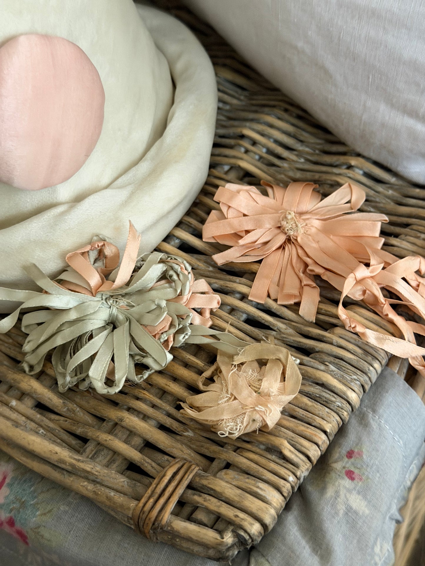Antique Pink Blue Silk Ribbonwork Knotted Bow Rosettes