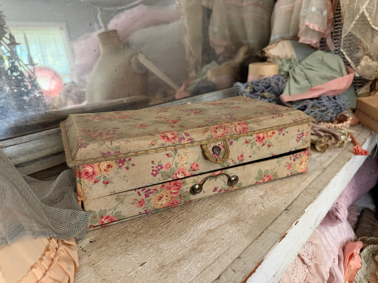 Antique French Floral Fabric Box