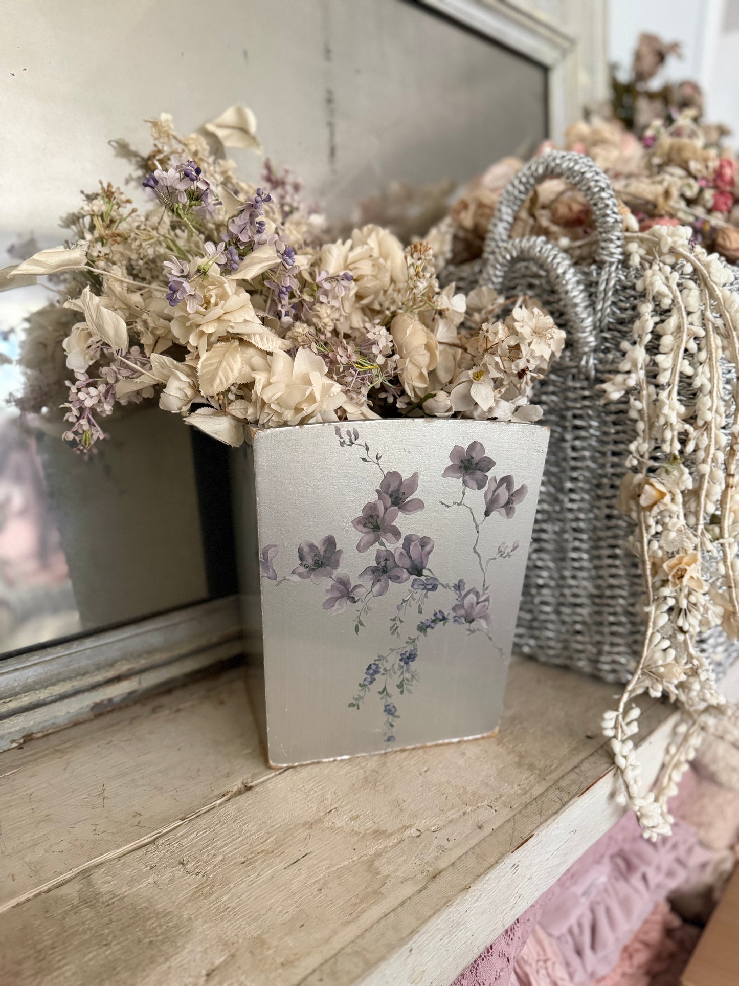 Vintage Sliver Lavender Painted Flower Bucket Bin