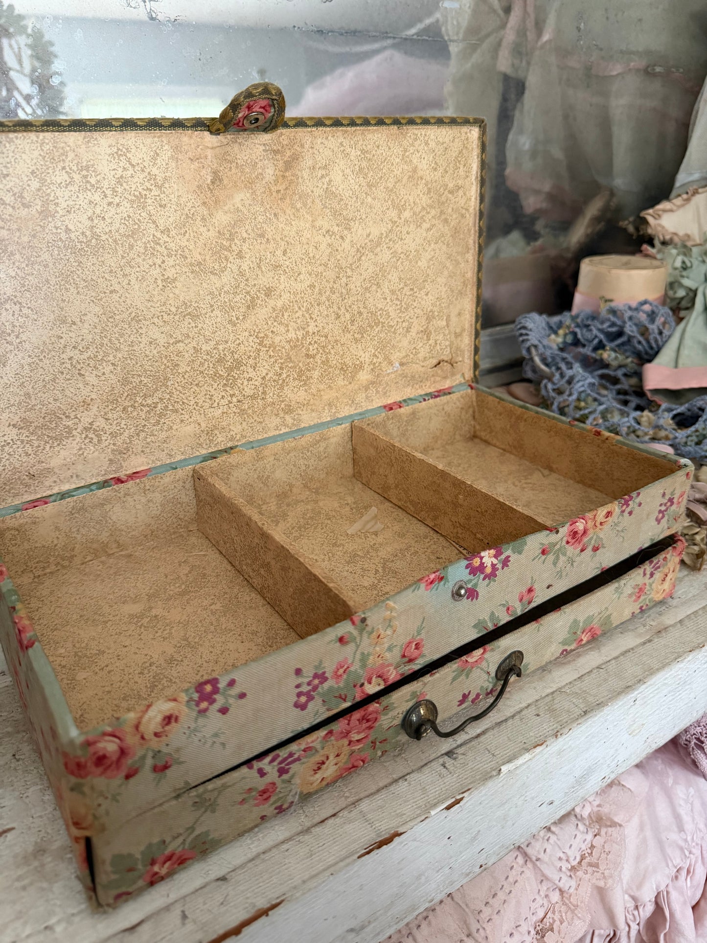 Antique French Floral Fabric Box