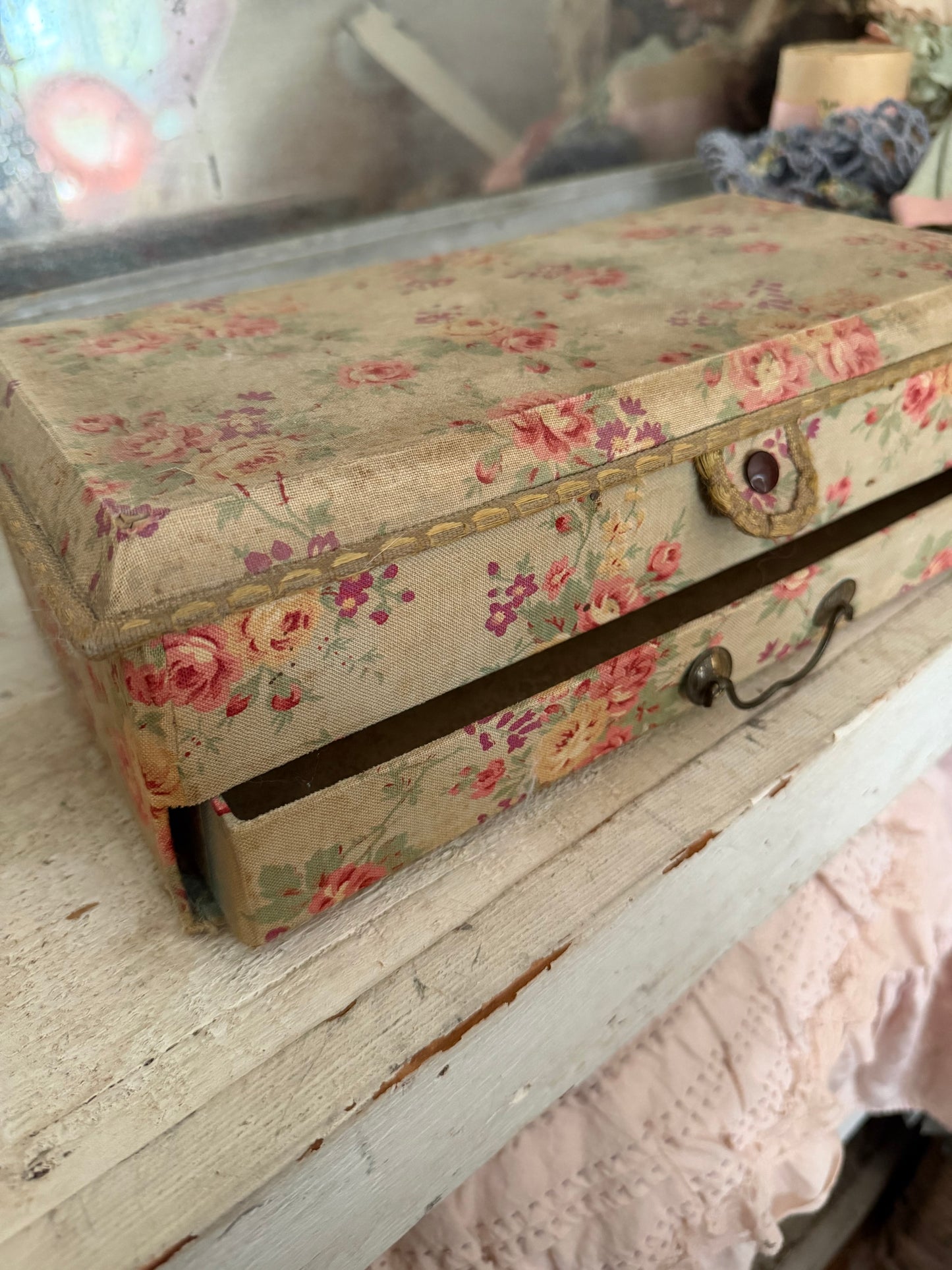 Antique French Floral Fabric Box