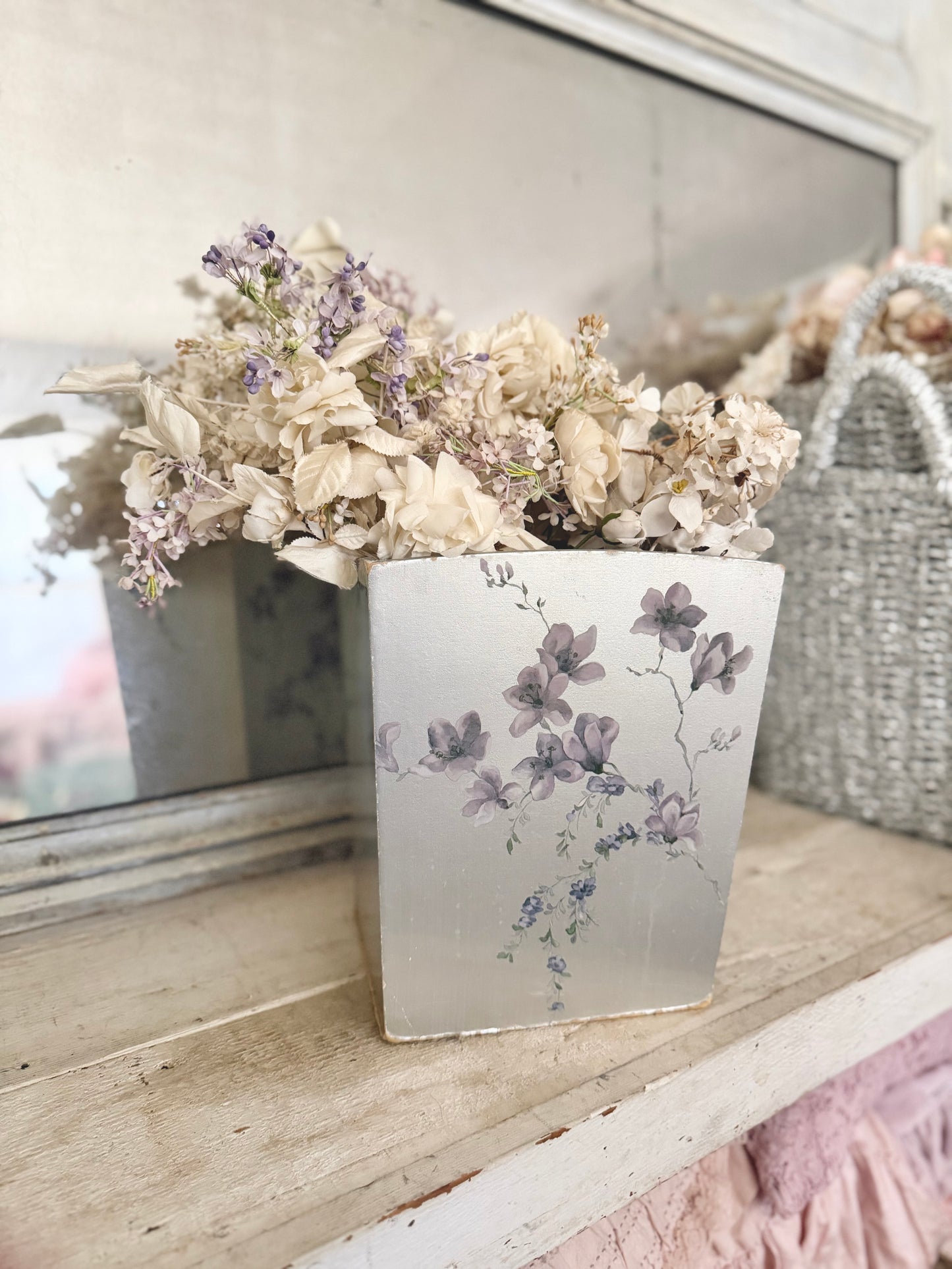 Vintage Sliver Lavender Painted Flower Bucket Bin