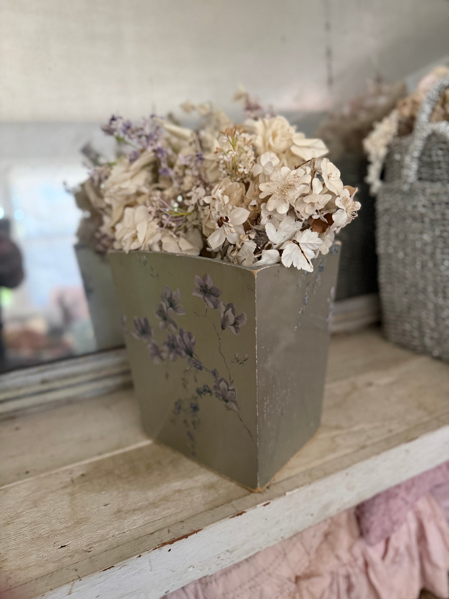 Vintage Sliver Lavender Painted Flower Bucket Bin