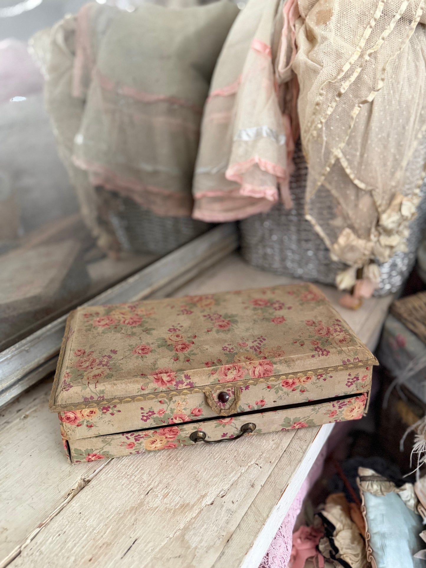 Antique French Floral Fabric Box