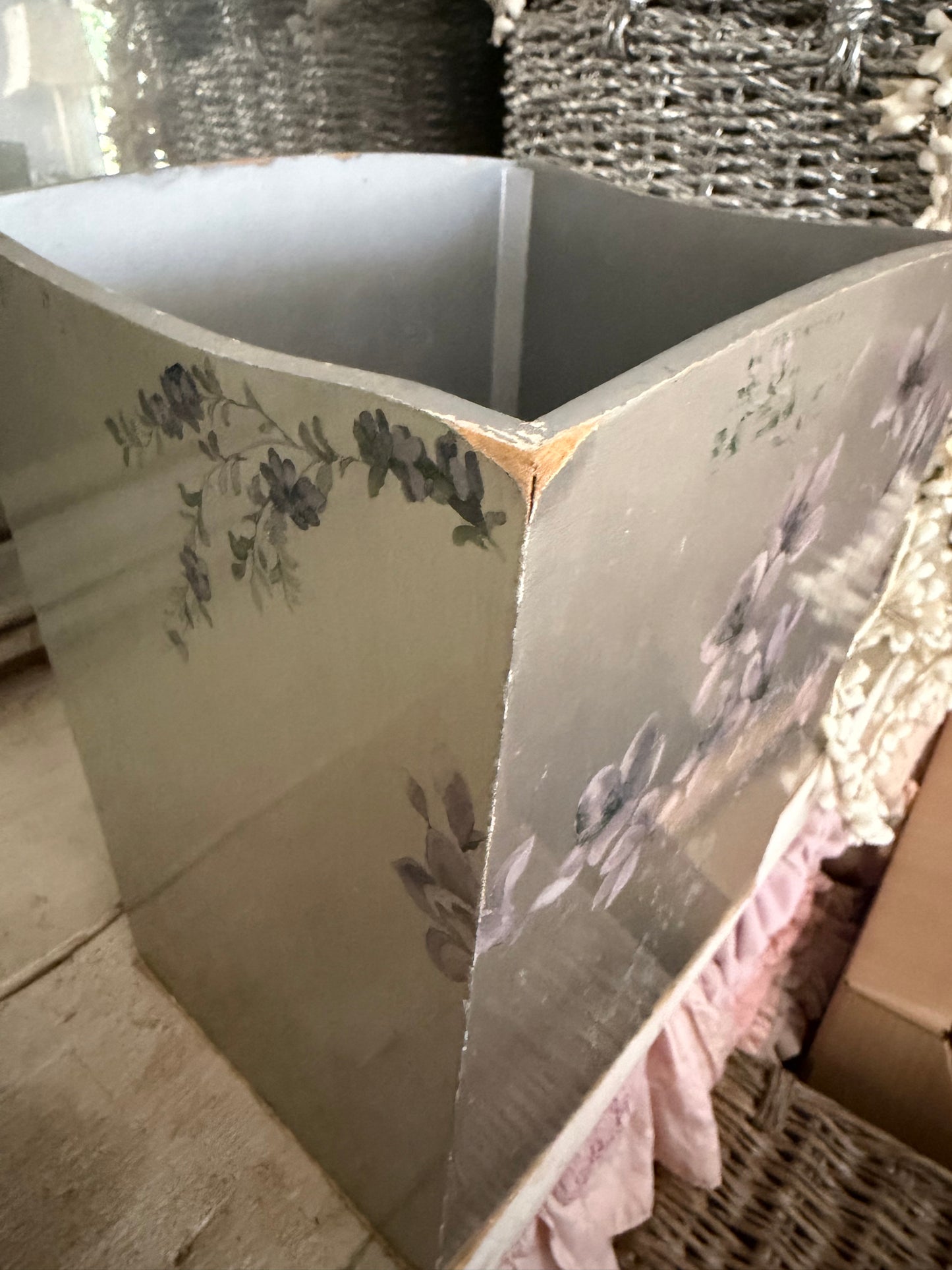 Vintage Sliver Lavender Painted Flower Bucket Bin