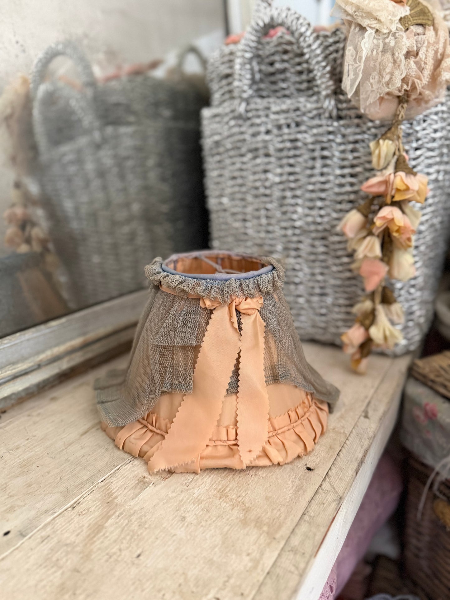 Sweetest Vintage Dusty Blue Lace Peach Bow Lampshade