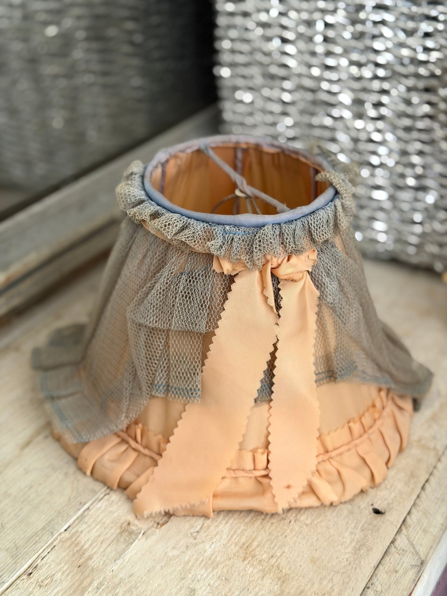 Sweetest Vintage Dusty Blue Lace Peach Bow Lampshade