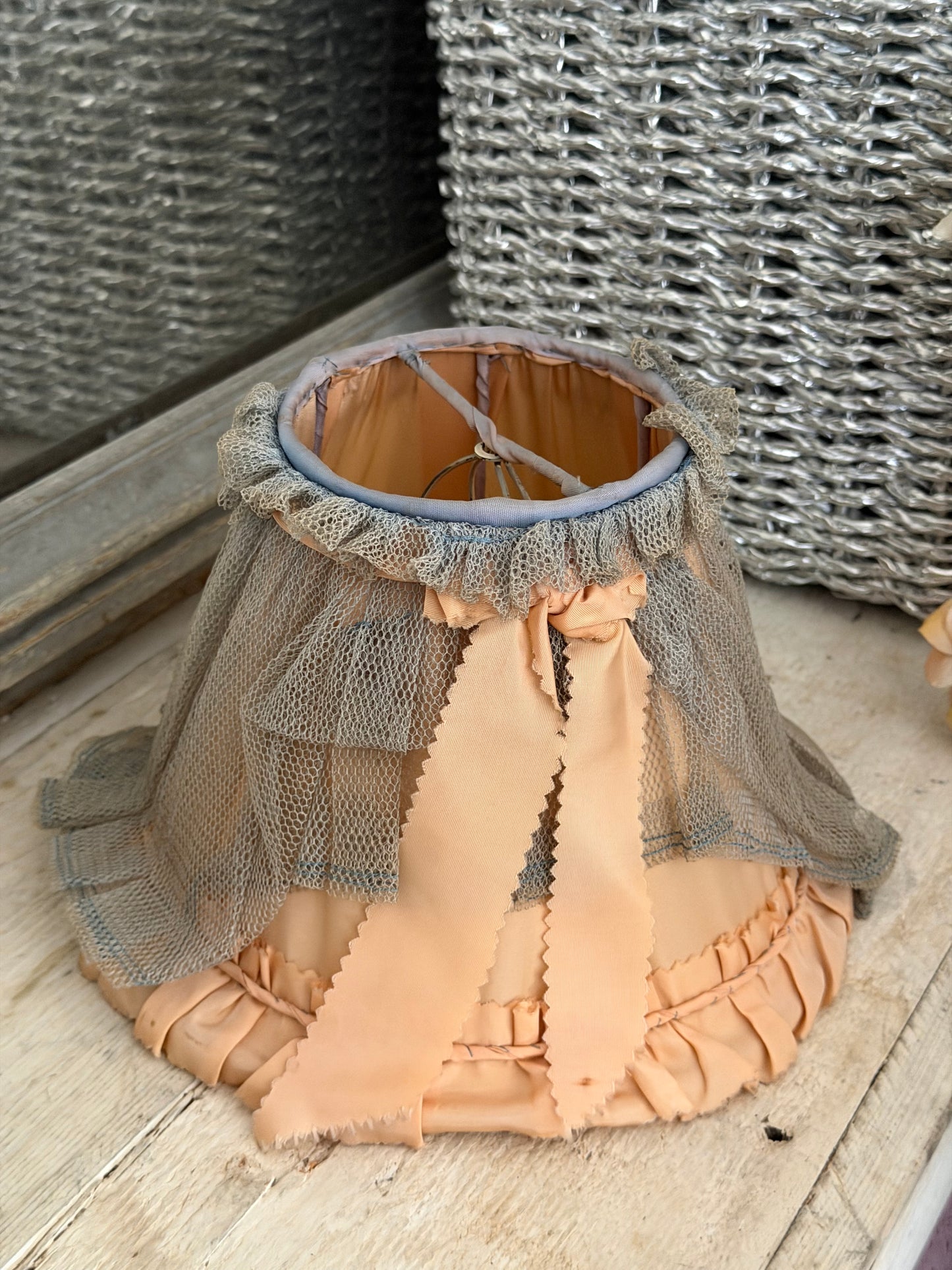 Sweetest Vintage Dusty Blue Lace Peach Bow Lampshade