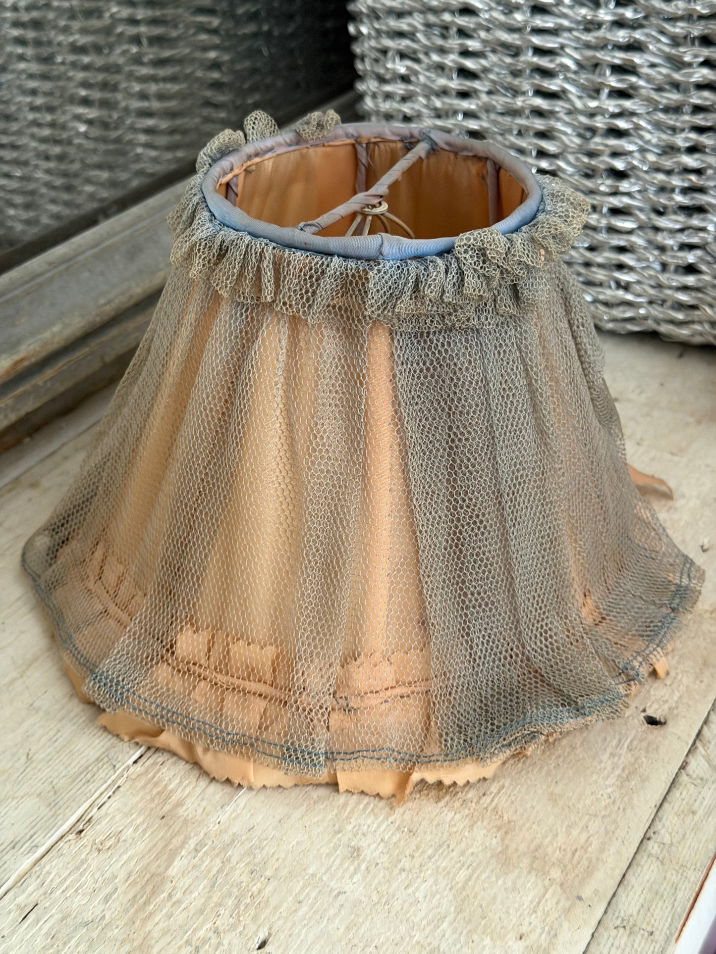 Sweetest Vintage Dusty Blue Lace Peach Bow Lampshade