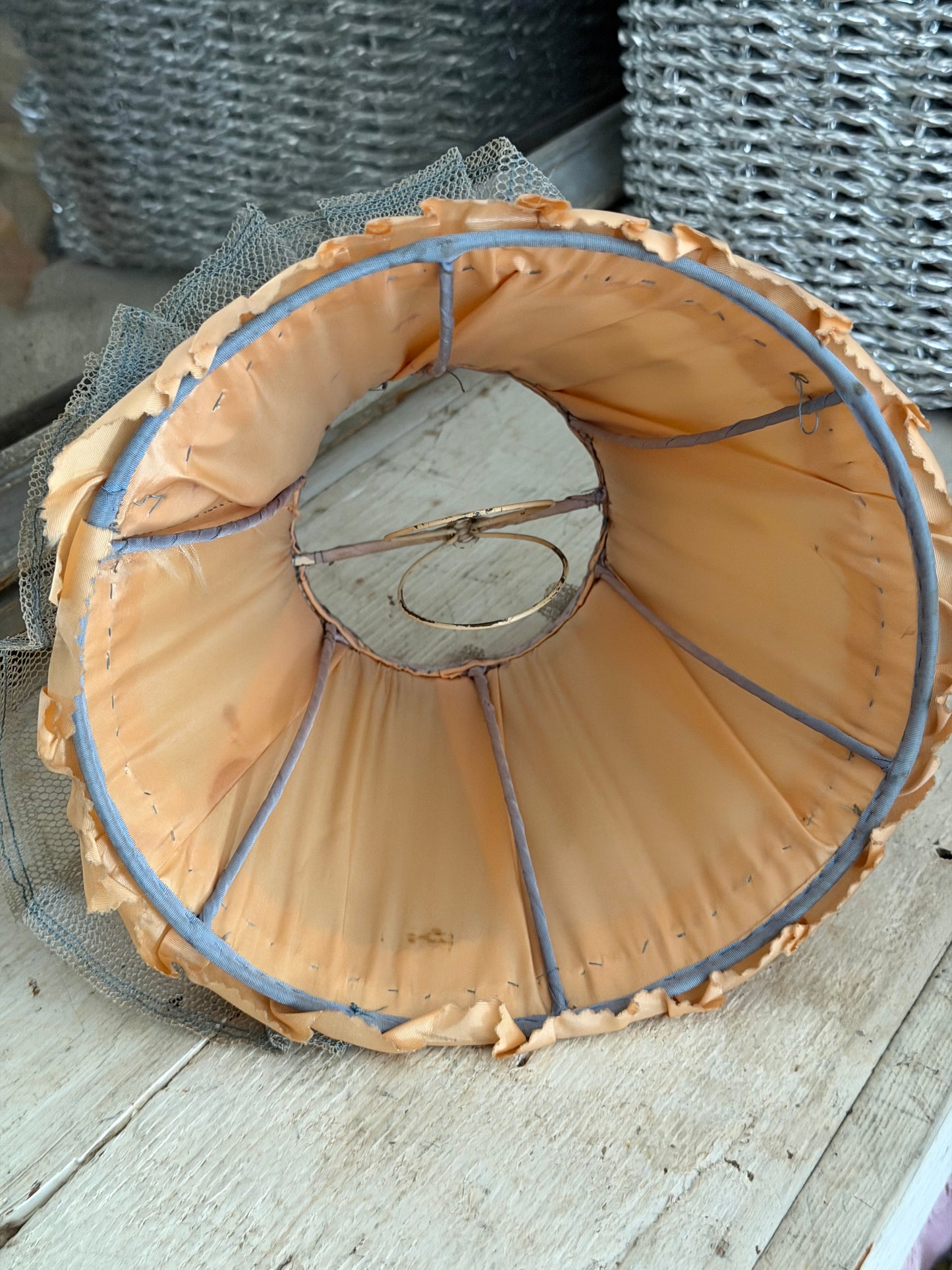 Sweetest Vintage Dusty Blue Lace Peach Bow Lampshade
