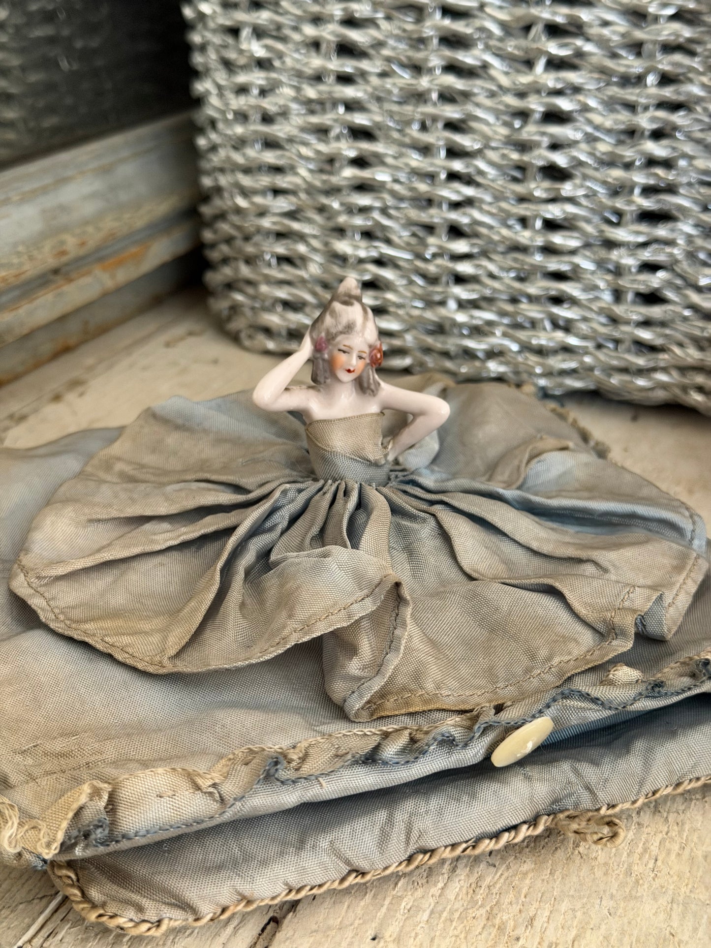 Antique Ruffled Blue Boudoir Half Doll Lingerie Holder