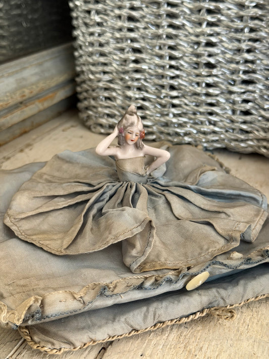 Antique Ruffled Blue Boudoir Half Doll Lingerie Holder