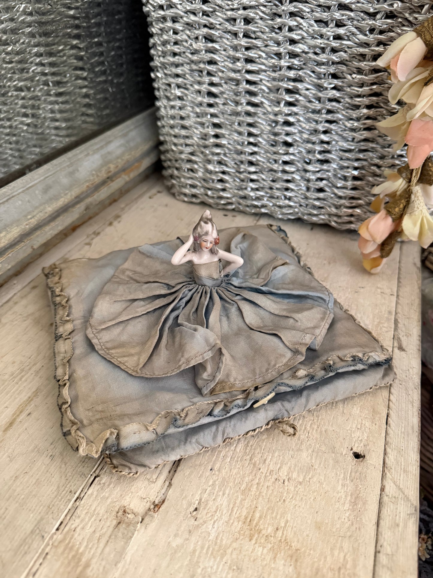 Antique Ruffled Blue Boudoir Half Doll Lingerie Holder