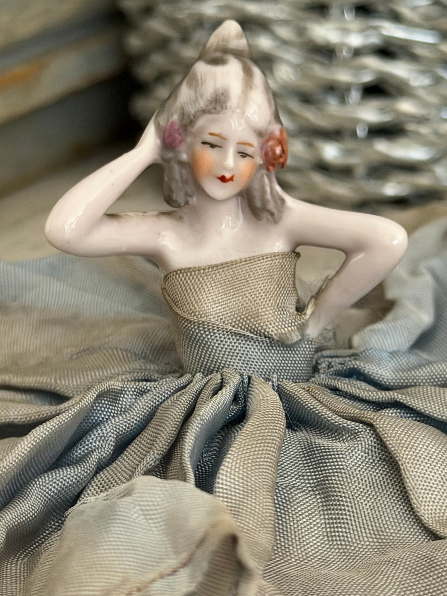 Antique Ruffled Blue Boudoir Half Doll Lingerie Holder